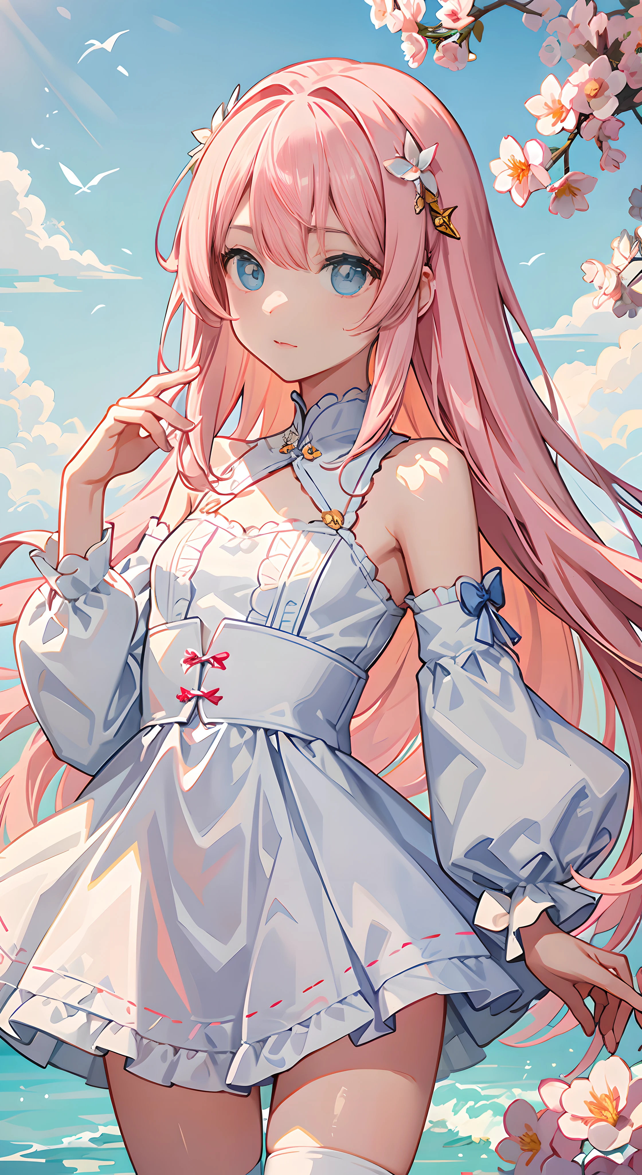 (tmasterpiece,best qualtiy:1.6)Beautiful illustration,White lace dress,cowboy lens,upper legs,beuaty girl,Long pink hair,Golden pupils(blossoms,many small white petals:1.3),trpical garden,blue-sky,looking at viewert,Small waist,offcial art,RAW photogr,Incredibly Ridiculous res,face illuminated,动态照明,cinmatic lighting,Ultra photo realsisim,A high resolution,photography of,Sharp focus,highest details,extremy detailed,ultra - detailed,finedetail,Extremely detailed eyes and face