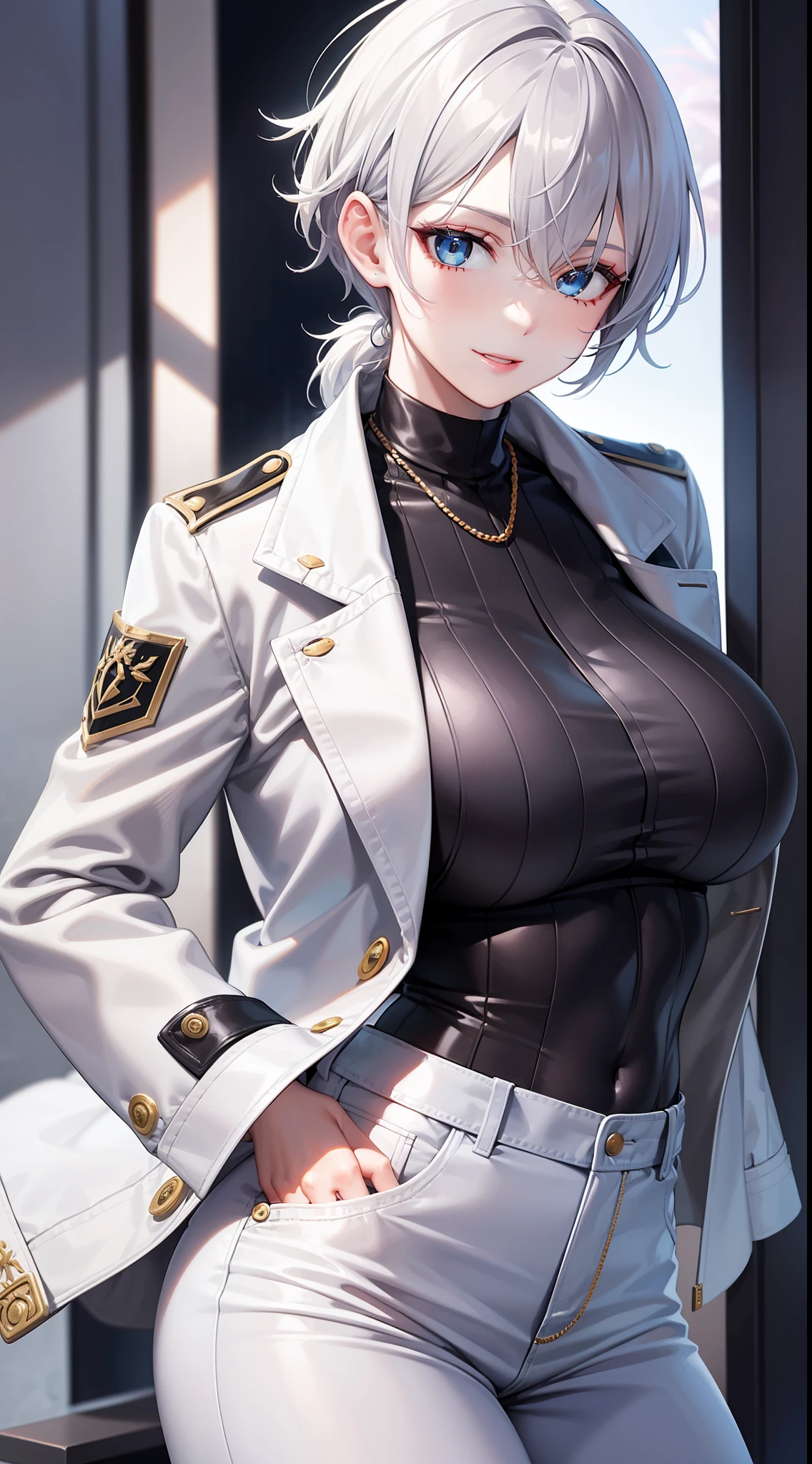 Adult woman, short white hair, high ponytail, blue eye color, White luxury jacket, pants, open breasts, blue lipstick, ssmile, Masterpiece, hiquality