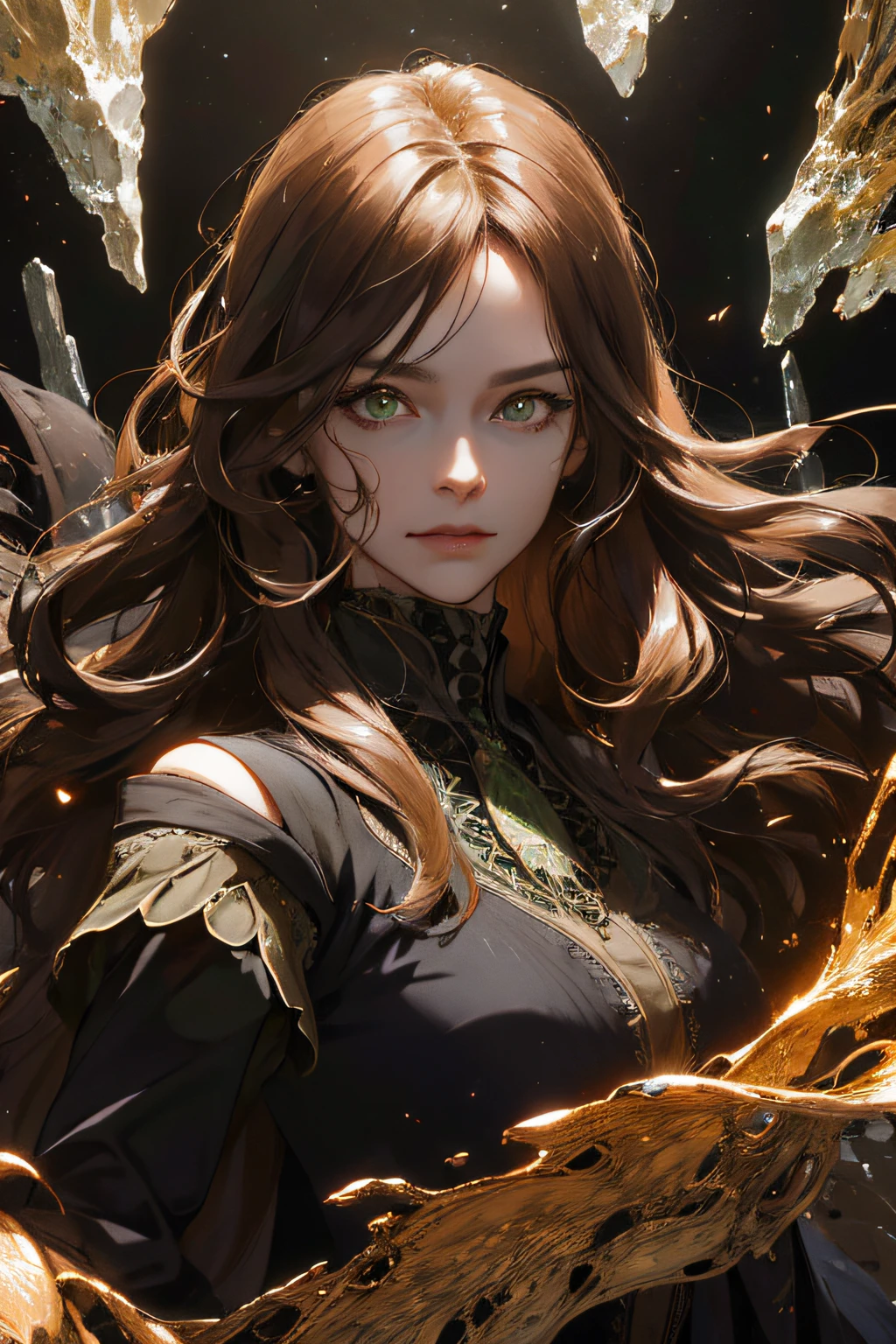 (absurdres, highres, ultra detailed), 1woman, mature female, aged up, wavy long hair, golden brown hair, green eyes, bangs, long sleeves, finely detailed eyes and detailed face, extremely detailed CG unity 8k wallpaper, intricate details, (style-swirlmagic:1.0), looking at viewer, solo, upper body, detailed background, close up, detailed face, (gothic dark ages theme:1.1), dynamic pose, earth themed clothes, floating in the air, glowing magical shards, surrounded by rock formations, stalactites, magical floating particles, black background, epic ethereal atmosphere, updraft, black with red eyes and two tails on shoulder , portrait