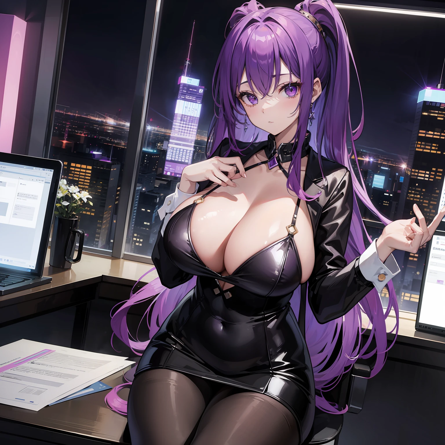 Purple hair、huge tit、Masterpiece、high-level image quality、Official picture、shinny hair、beautidful eyes、soio、a secretary、Officelady、Night view from the window