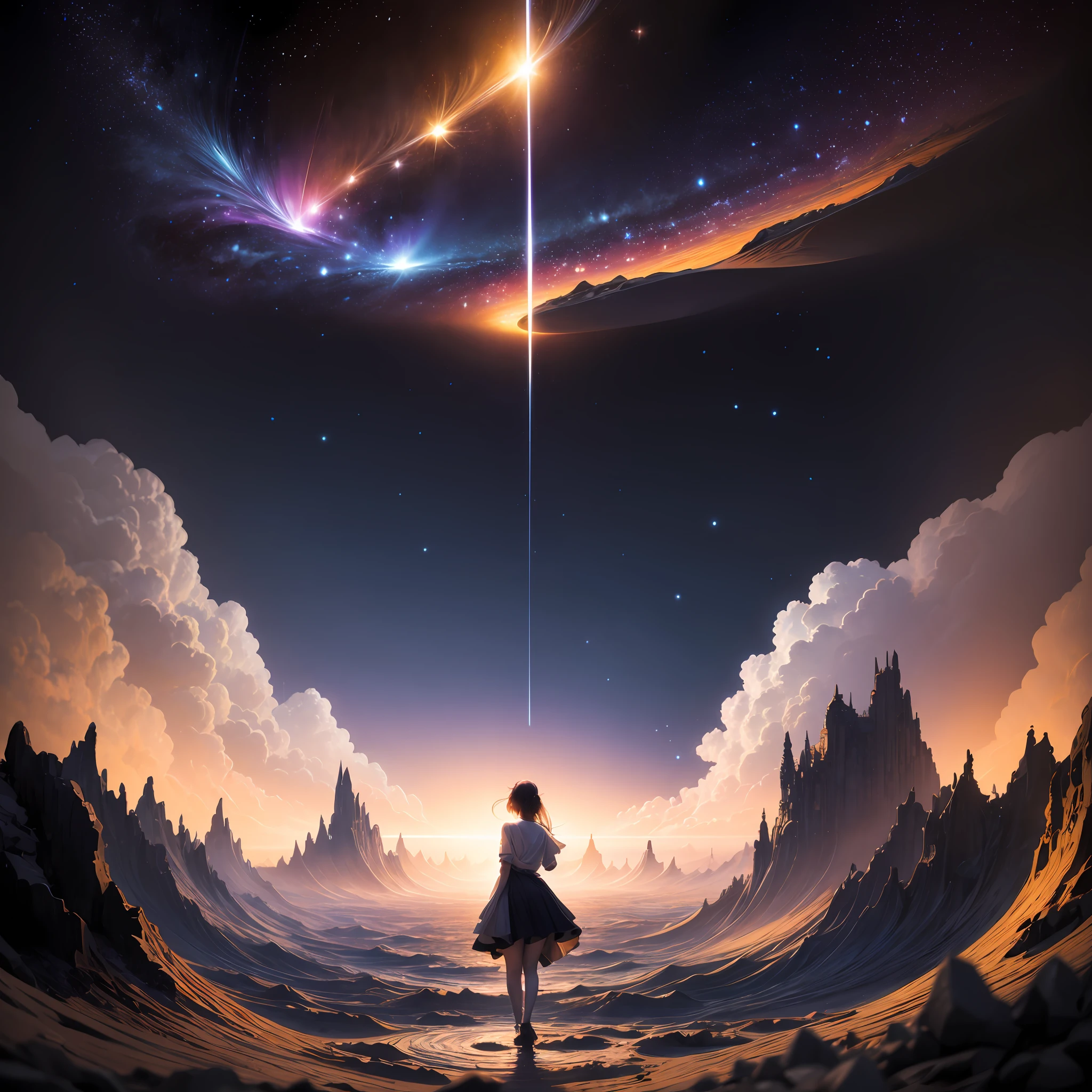 Layer of colored yarn、Depicting the expanses of the universe。Seemingly chaotic entanglements、Create mysterious patterns。If you get lost in its depths,、A landscape from another dimension appears、Intoxicated by indescribable sensations。Light and shadow blend in a perfect balance、Captivate the viewer's heart。This picture is、It's art born from a unique perspective.、Its beauty that transcends words。Countless stars spread across the universe are reflected in the black --auto