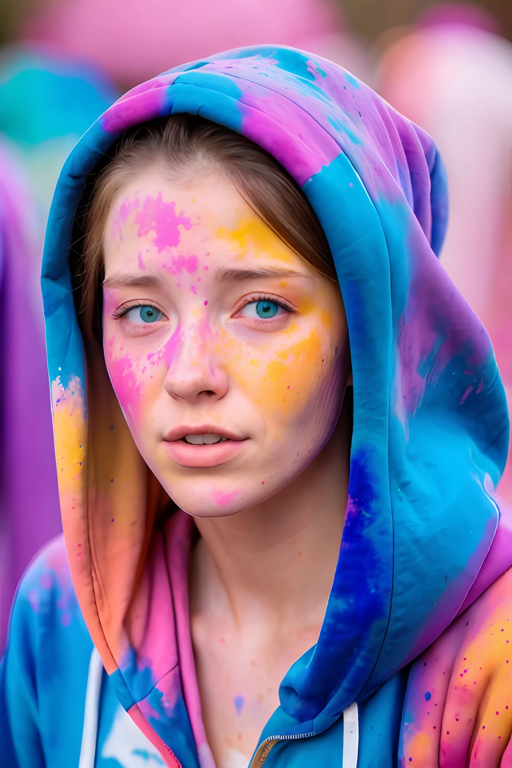 beautiful American college woman, wearing hoodie, looking at viewer, holi color festival, portrait, hyper detailed POV, by lee jeffries, nikon d850, film stock photograph ,4 kodak portra 400 ,camera f1.6 lens ,rich colors ,hyper realistic ,lifelike texture, dramatic lighting , cinestill 800,