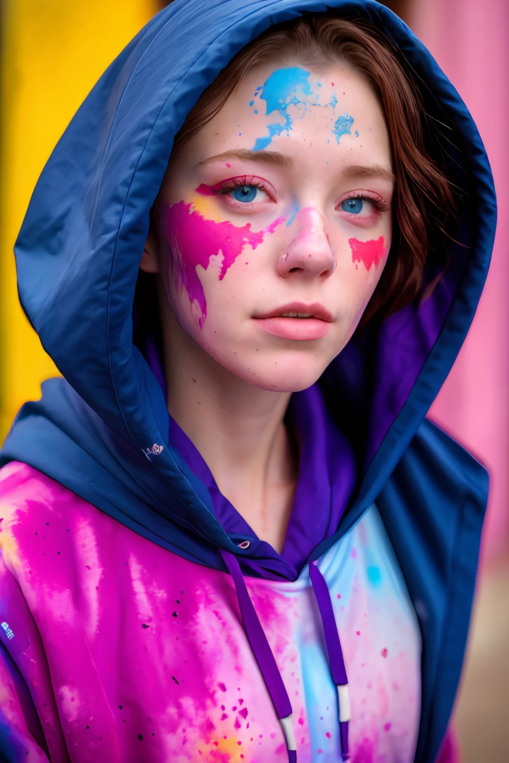 beautiful American college woman, wearing hoodie, looking at viewer, holi color festival, portrait, hyper detailed  POV, by lee jeffries, nikon d850, film stock photograph ,4 kodak portra 400 ,camera f1.6 lens ,rich colors ,hyper realistic ,lifelike texture, dramatic lighting , cinestill 800,