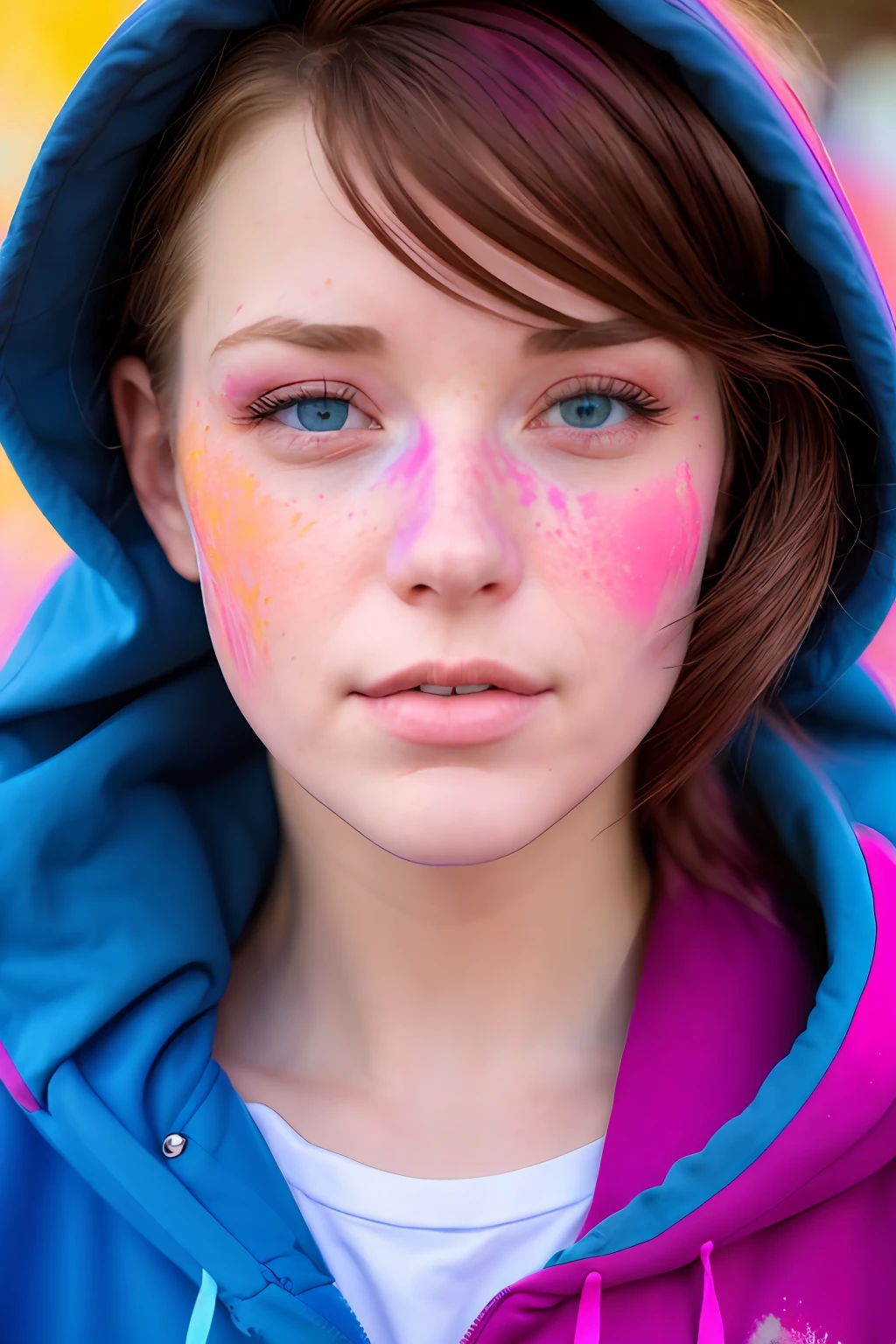 beautiful American college woman, wearing hoodie, looking at viewer, holi color festival, portrait, hyper detailed  POV, by lee jeffries, nikon d850, film stock photograph ,4 kodak portra 400 ,camera f1.6 lens ,rich colors ,hyper realistic ,lifelike texture, dramatic lighting , cinestill 800,