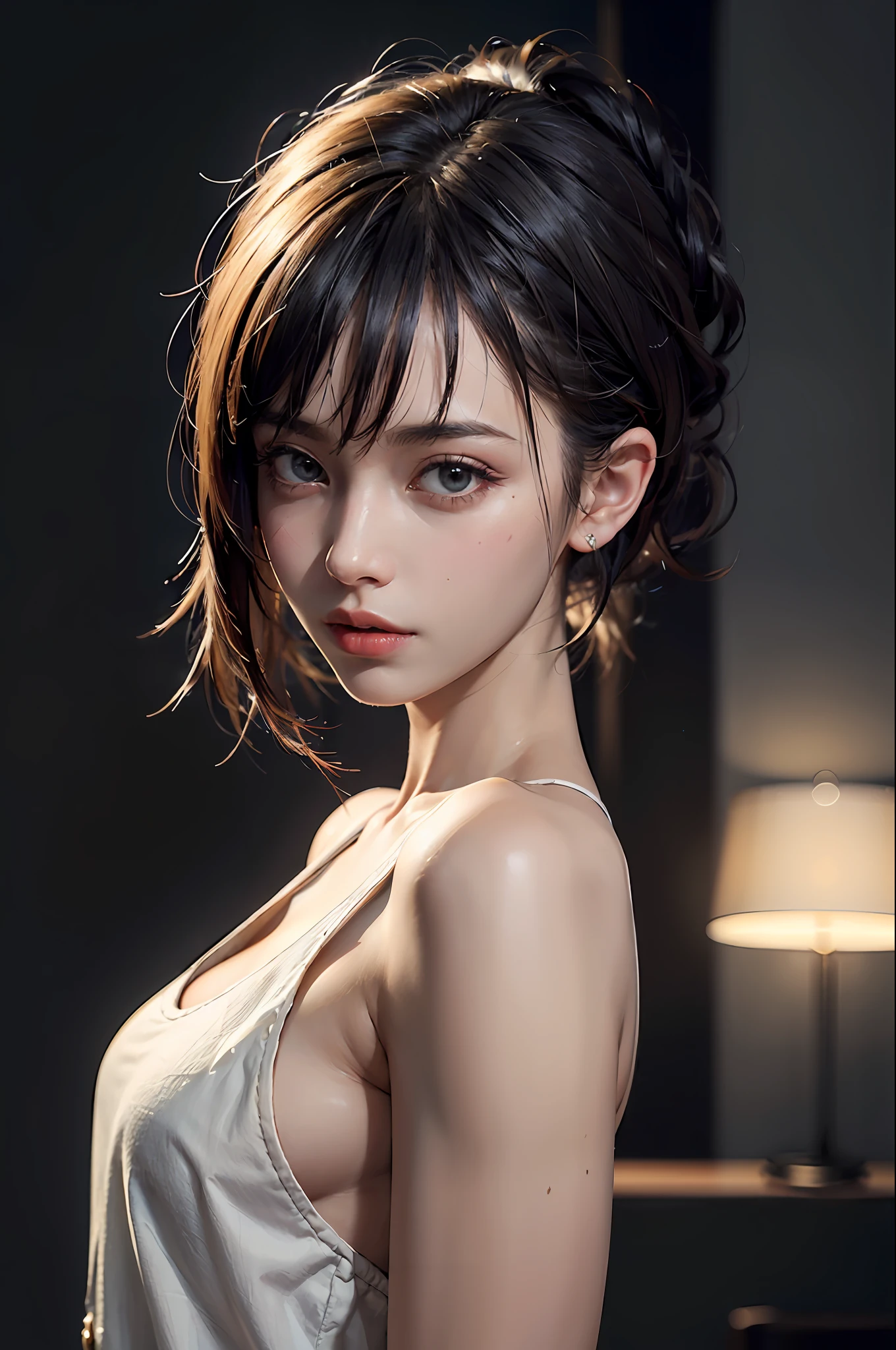 a 30 yo woman,(hi-top fade:1.3),long hair,dark theme, soothing tones, muted colors, high contrast, (natural skin texture, hyperrealism, soft light, sharp),