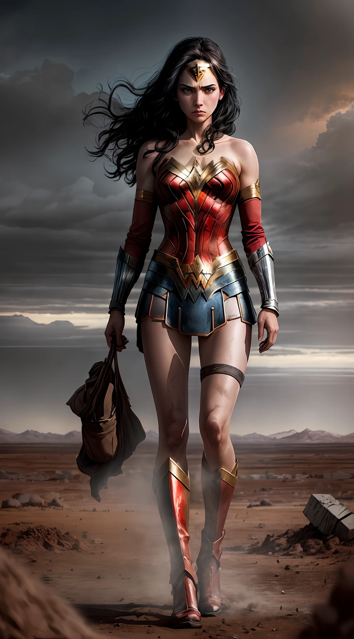 In a desolate wasteland, two super hero emerges, wonder woman and super girl,their torn clothes bearing witness to the harsh environment they have endured. The scene exudes an atmosphere of desolation, with a barren landscape stretching into the distance. The individual's body showcases visible scratches, scars, and bruises, evidence of the hardships they have faced. Their expression reflects a mixture of fear and sadness, capturing the emotional toll of their journey through the wasteland. This full-body depiction in high definition brings these details to life, allowing viewers to empathize with the subject's plight. The 9:16 aspect ratio enhances the vertical composition, emphasizing the figure's presence against the backdrop of the unforgiving wasteland
