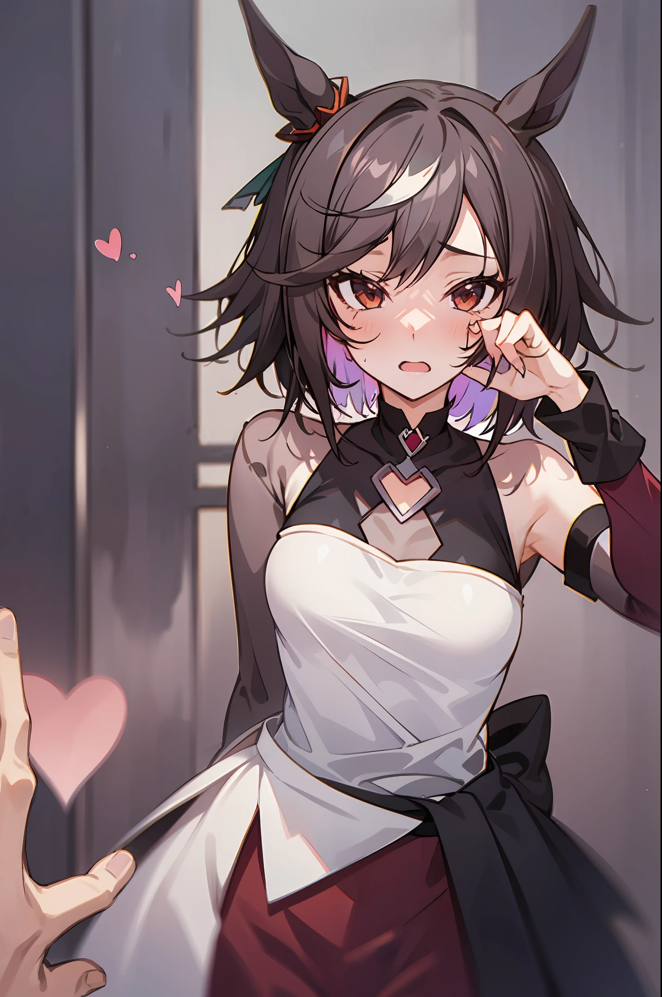 (umamusume),1girl,solo,(master piece),best quality,pastel color,shiny,chromatic aberration abuse,spoken heart,victory pose,