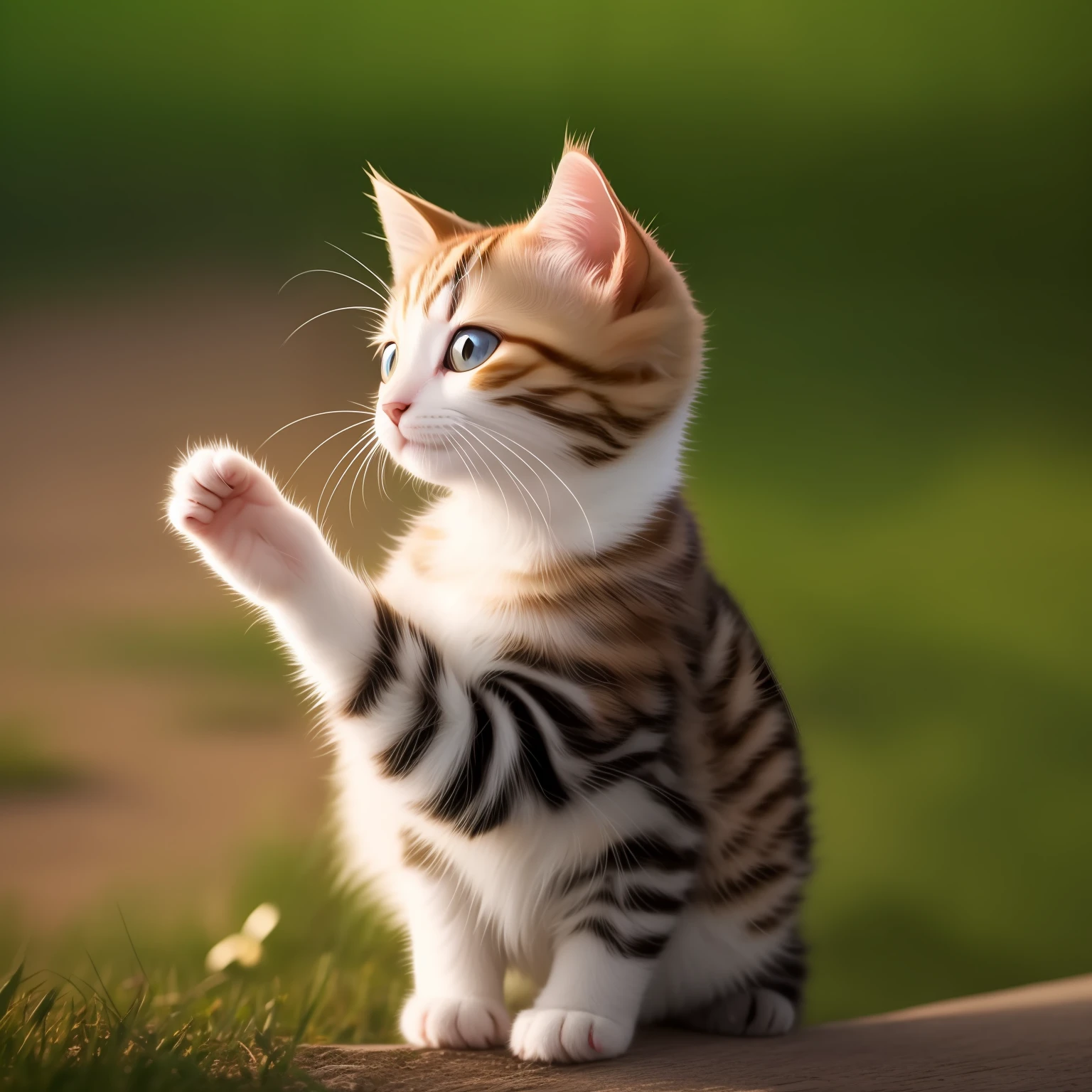 A kitten who has been standing and waving goodbye to you，The sun hit it in the face