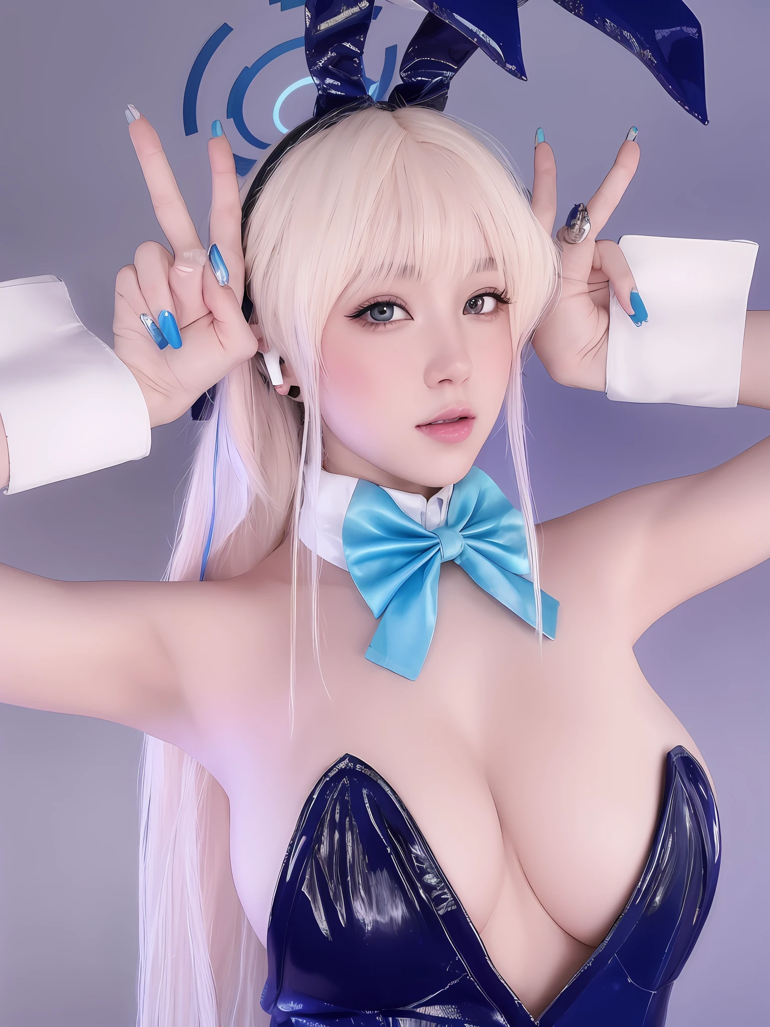 Mujer de cabello rubio con un vestido azul con una pajarita azul, Tendencias en CGVatstation, , Anime Girl Cosplay, KDA, Seraphine Ahri Kda, Ahegao, Hermosa Delphine, Anime estilo 3D, Anime de cosplay, [ Arte digital 4K ]!!, Tendencias en CGVeStation, Dulce conejita ultrarrealista