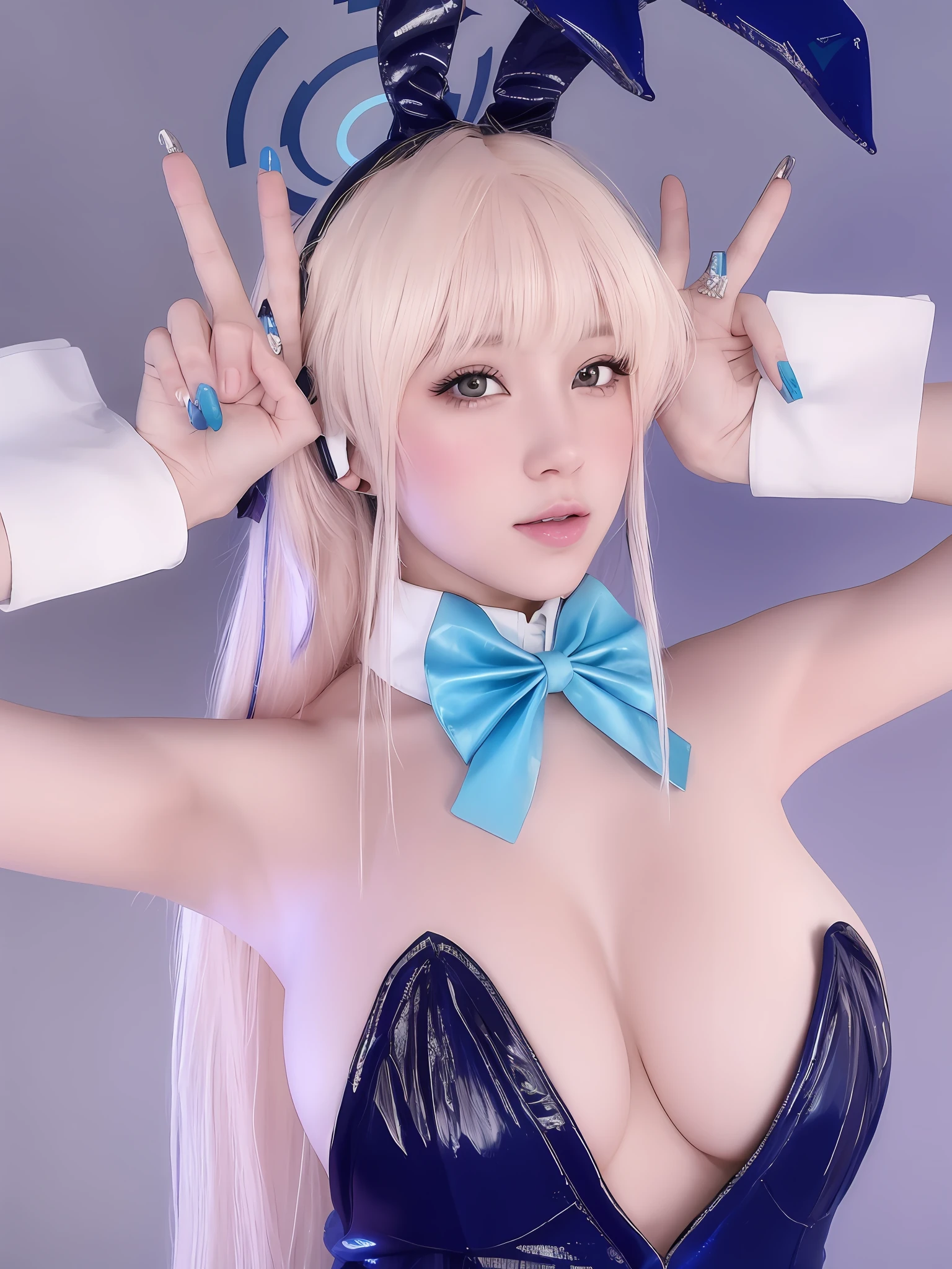 Mujer de cabello rubio con un vestido azul con una pajarita azul, Tendencias en CGVatstation, , Anime Girl Cosplay, KDA, Seraphine Ahri Kda, Ahegao, Hermosa Delphine, Anime estilo 3D, Anime de cosplay, [ Arte digital 4K ]!!, Tendencias en CGVeStation, Dulce conejita ultrarrealista