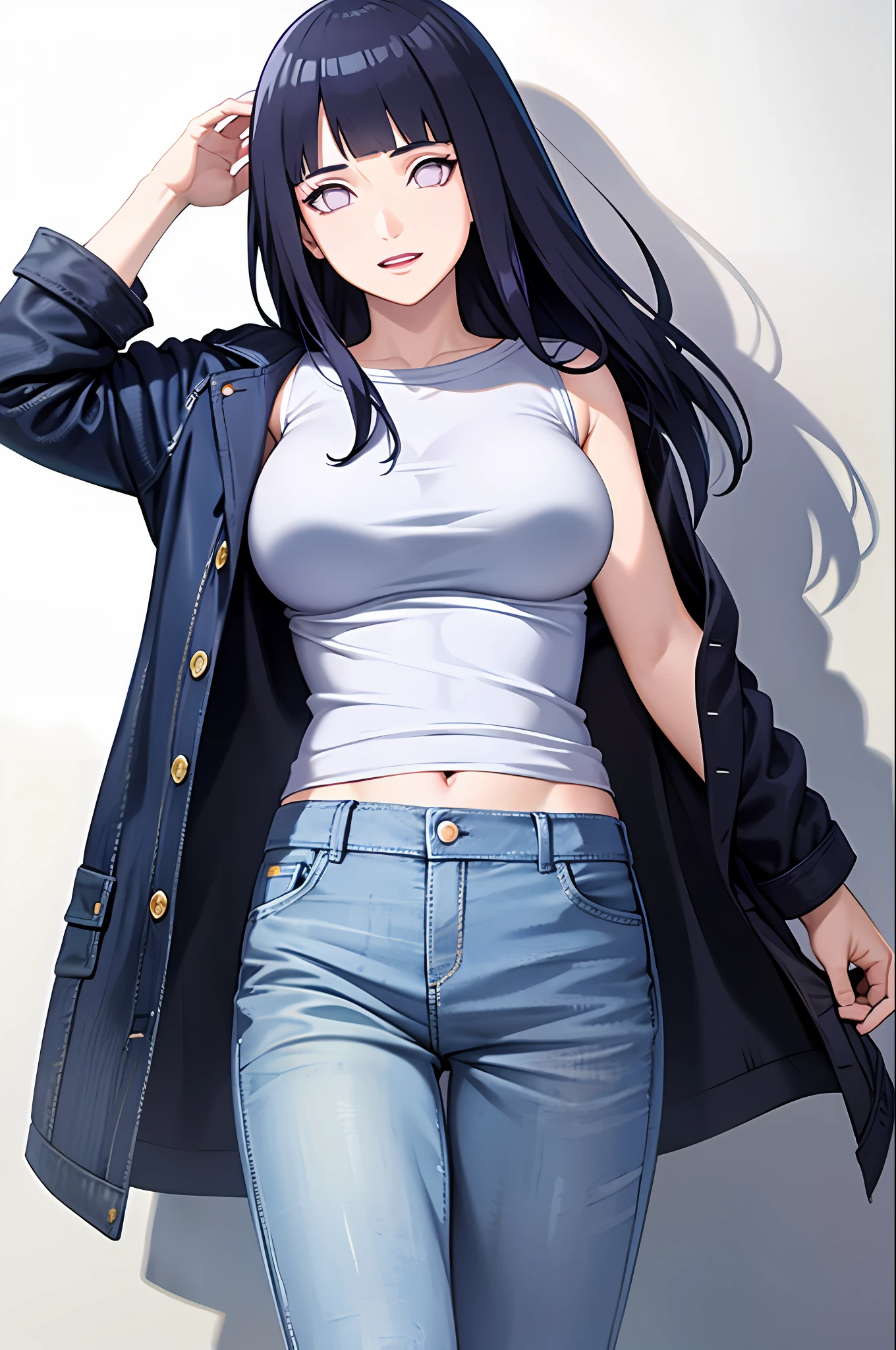 masterpiece, best quality, ((pure white background)), standing, (dark blue hair) ,cold face, full body, Denim jacket, white T-shirt, casual pants, (((Fashionable clothing))), happy, light effect, soft, super clear, high-definition picture, (front), purple eyes, blunt bangs, hinata/(boruto/), long hair,  medium breast