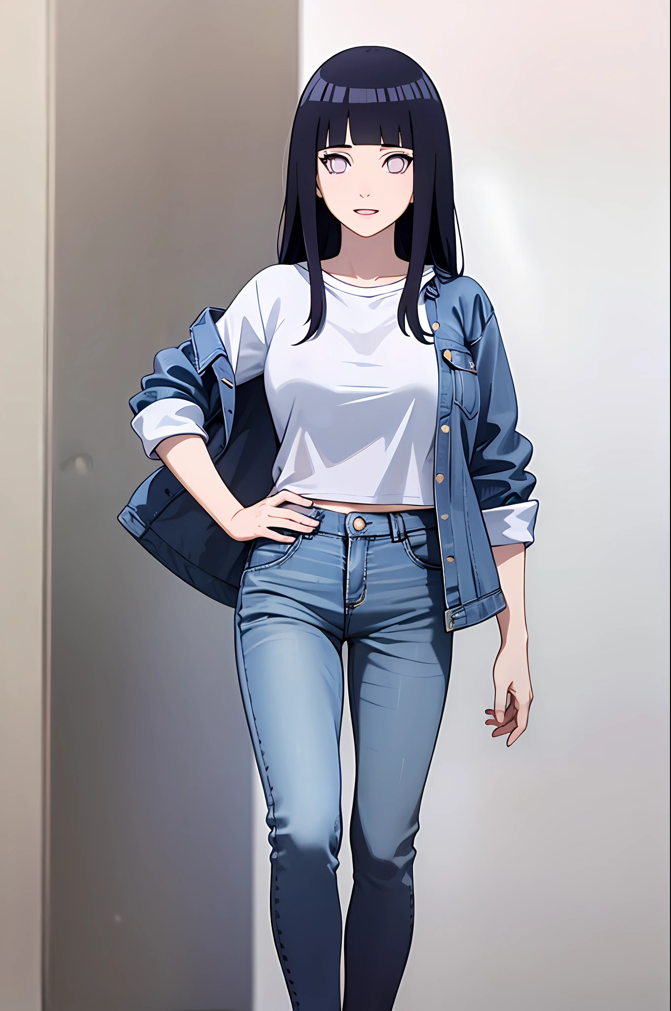 masterpiece, best quality, ((pure white background)), standing, (dark blue hair) ,cold face, full body, Denim jacket, white T-shirt, casual pants, (((Fashionable clothing))), happy, light effect, soft, super clear, high-definition picture, (front), purple eyes, blunt bangs, hinata/(boruto/), long hair,  medium breast