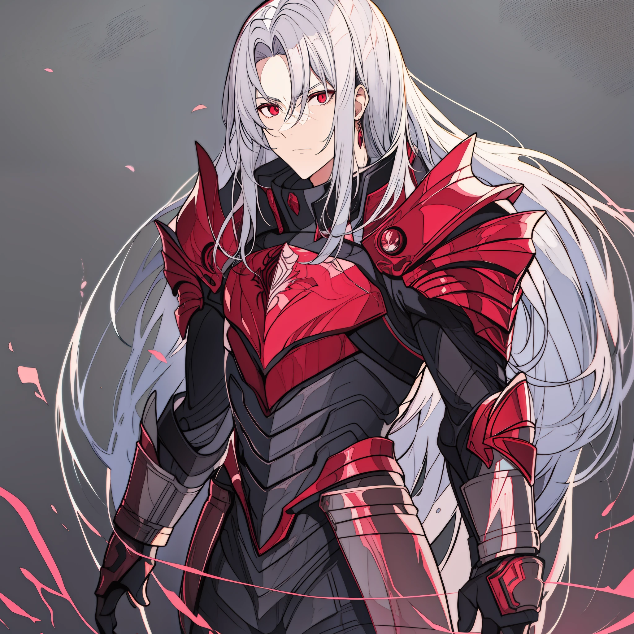 Older teenage male with red eyes and long silver hair, serious, in black and red armor