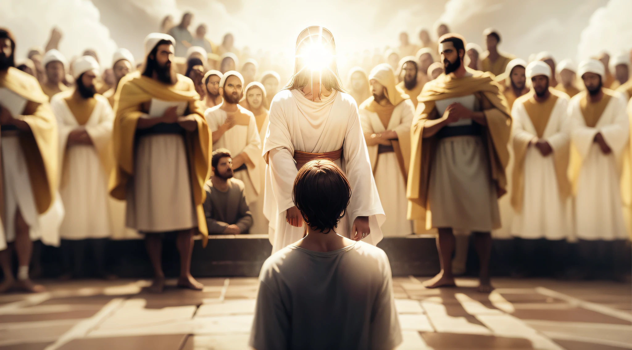 man arriving in heaven and finding Jesus with a face of light