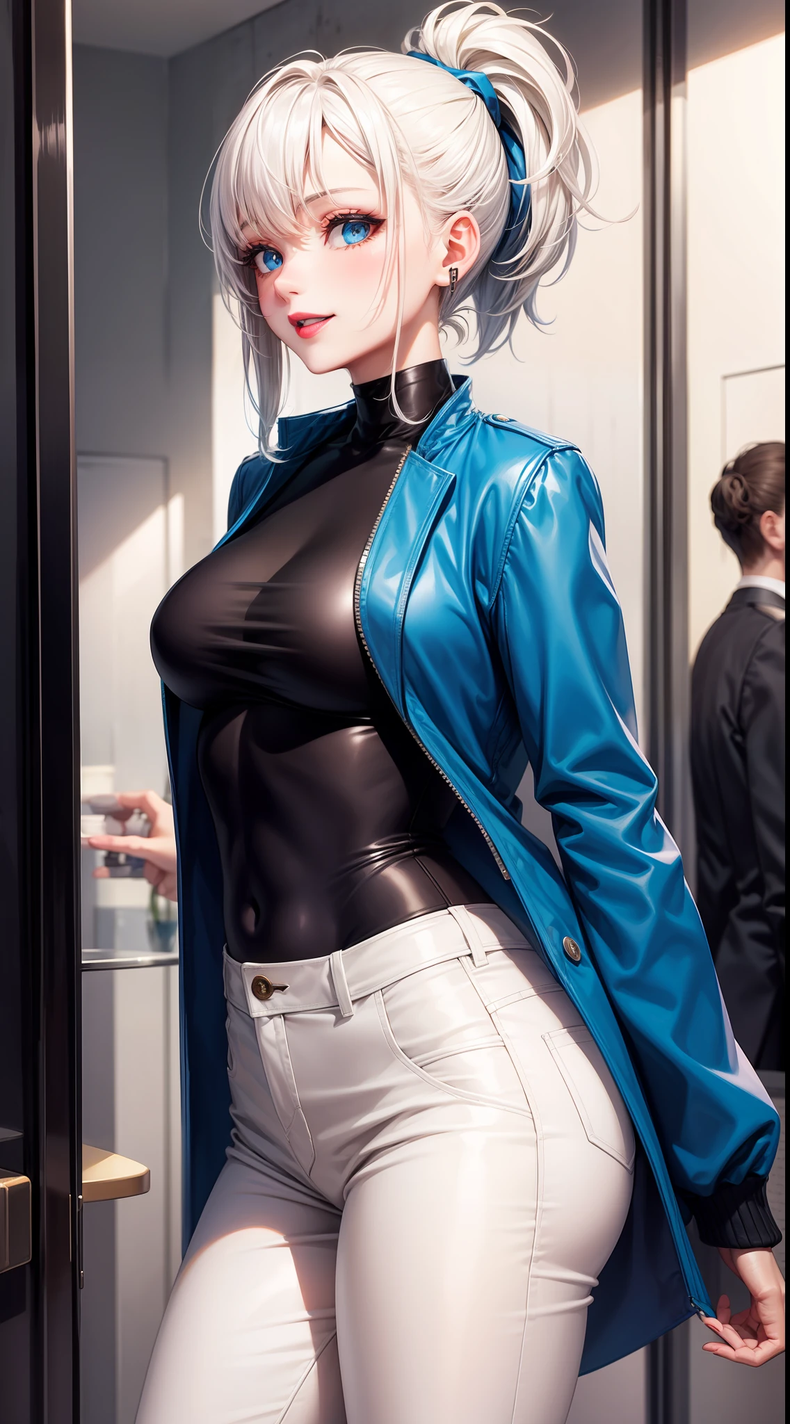 Adult woman, short white hair, high ponytail, blue eye color, White luxury jacket, pants, open breasts, blue lipstick, ssmile, Masterpiece, hiquality