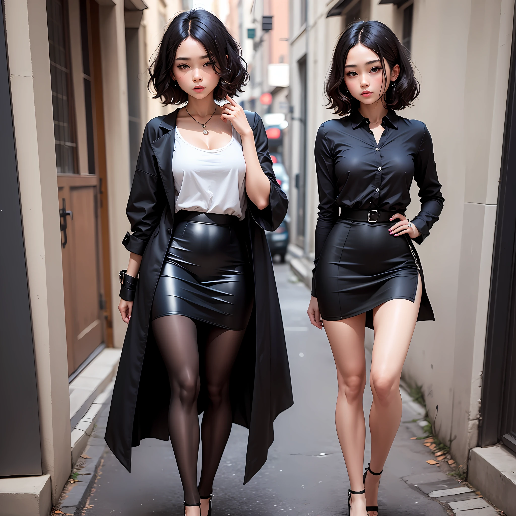 Hip skirt, short wavy hair, long leg beauty, black silk --auto