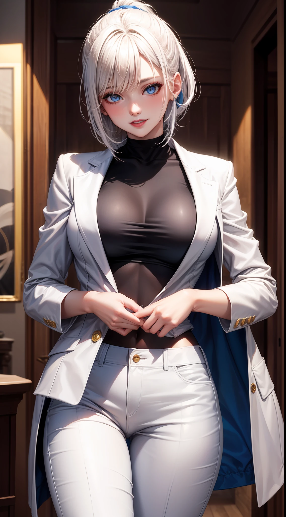 Adult woman, short white hair, high ponytail, blue eye color, White luxury jacket, pants, open breasts, blue lipstick, ssmile, Masterpiece, hiquality