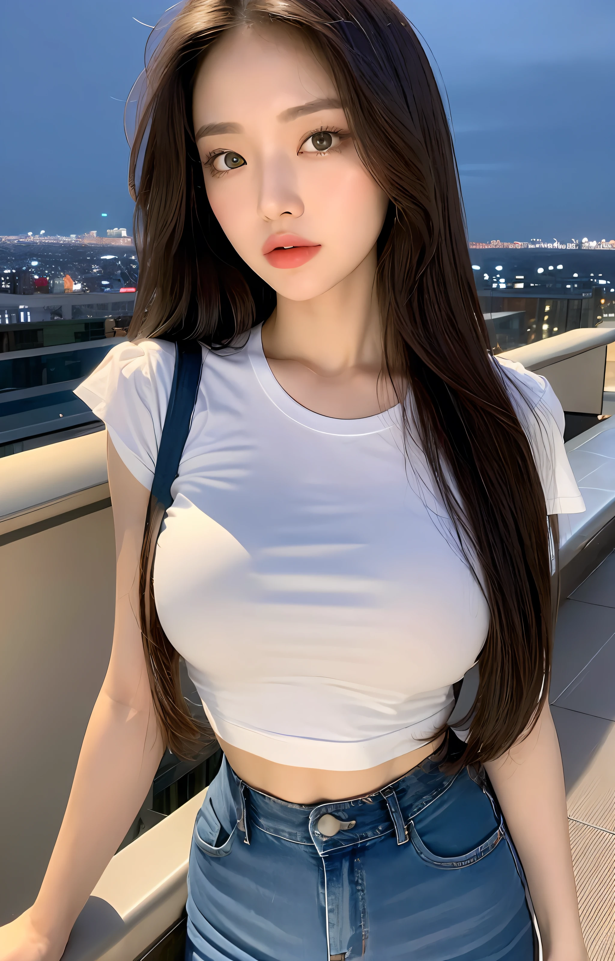 ((Midnight, Best quality, 8k, Masterpiece :1.3)), Whole body, Long legs, Sharp focus :1.2, A pretty woman with perfect figure :1.4, Slender abs :1.1, ((Dark brown hair, Big breasts :1.2)), (White tight tshirt, Jean bib, Standing:1.2), ((Night city view, Rooftop:1.3)), Highly detailed face and skin texture, Detailed eyes, Double eyelid