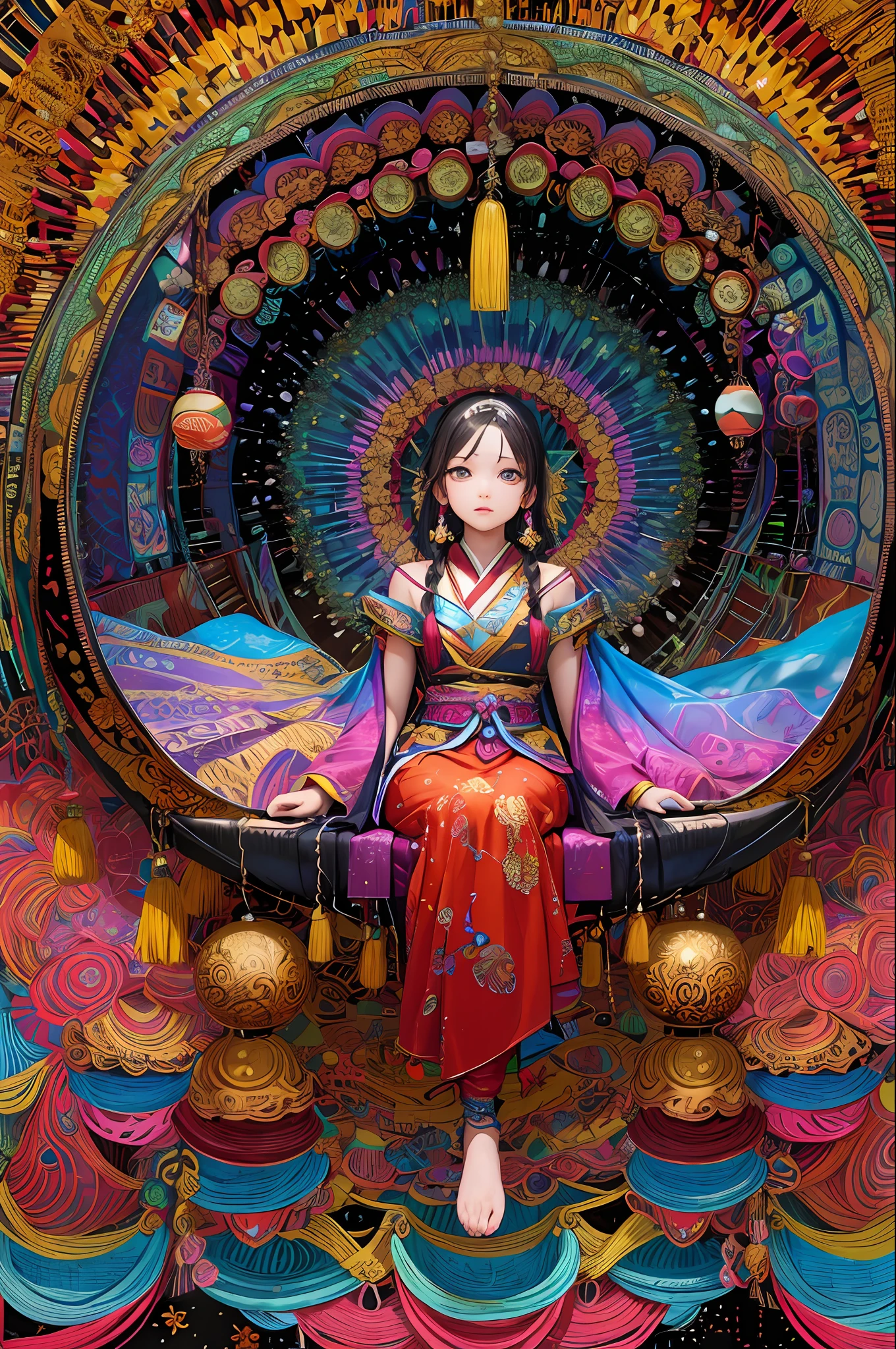 (tmasterpiece,top Quority,best qualtiy,offcial art,Beauty and aesthetics:1.2),(1girl:1.3),The is very detailed,(s fractal art:1.2),extremely colorful,Most detailed,(zentangle:1.2),(dynamicposes) , (abstract backgrounds:1.5), (Oriental costumes:1.2), (shiny skins), (many color:1.4), 1little girl,sitting on a swing