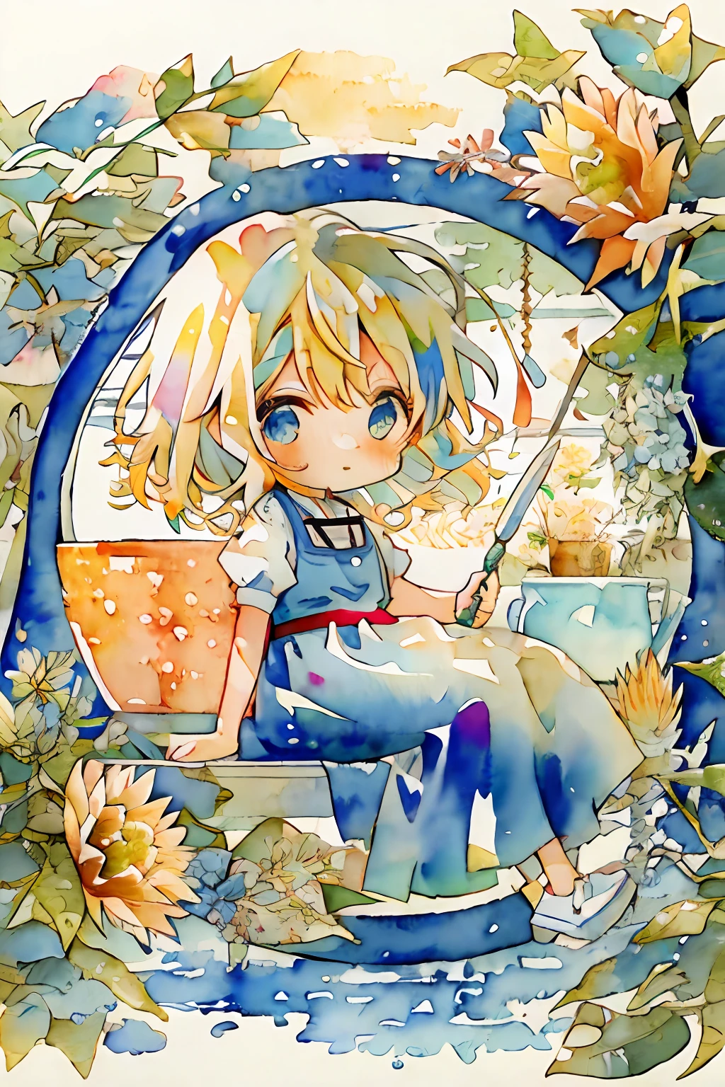 traditional media,chibi,watercolor \(medium\),watercolor background,1girl,blonde hair, blue eyes, blue dress, white apron, alice \(alice in wonderland\),