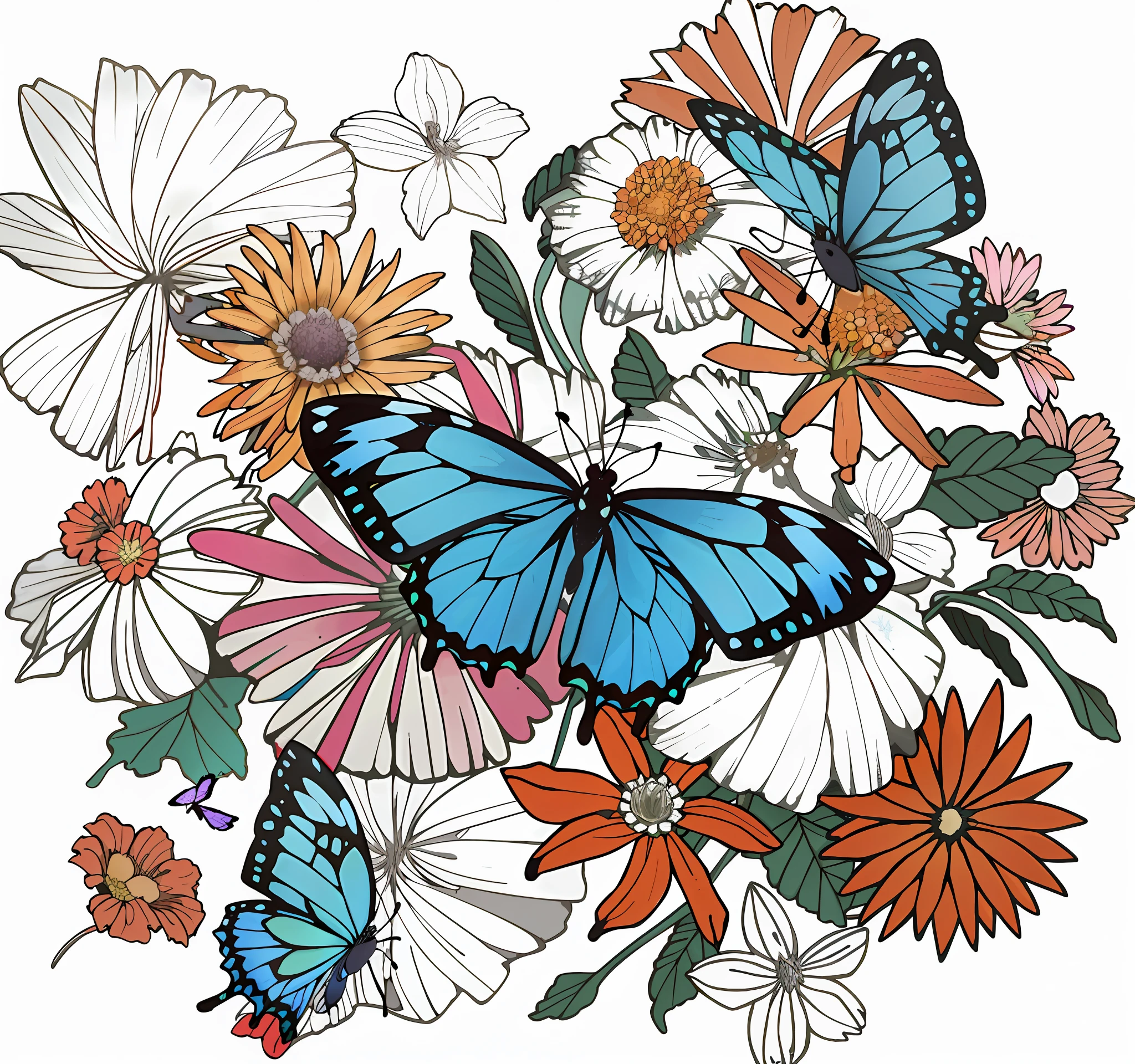 there is a butterfly that is sitting on a flower, flowers and butterflies, harmony of butterfly, butterflies and worms, author：Paulo Davis, in style of digital illustration, Butterfly in the foreground, detailed digital illustration, inspired by Maria Sibylla Merian, author：Morgan Russell, butterfly embroidery, Butterfly, Butterflies, digitally colored, floral motives, detailed flowers
