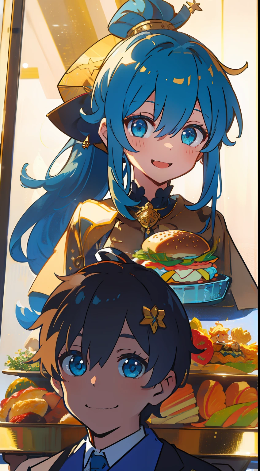 One girl、Blue-haired、High Ponytail、long hair、laugh、smil、High knot、golden hair ornaments、luxury dress、Hanging eyes、Bullish、​masterpiece、top-quality、Top image quality、cute little、blue eyess、to stand、borgar