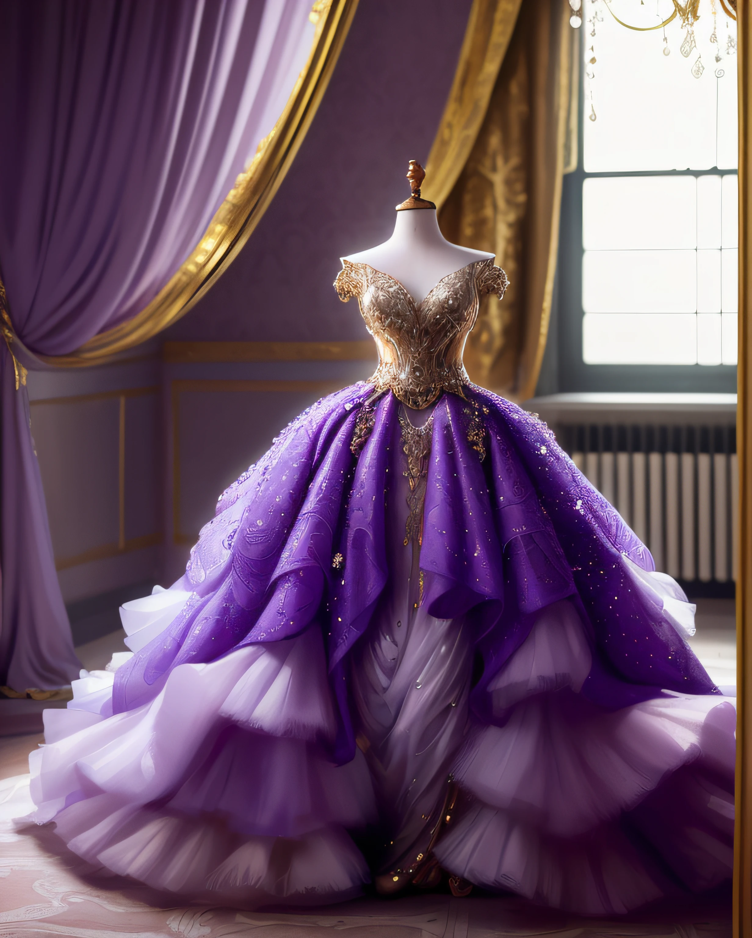 a hyper realistic photograph of a girl standing wearing a majestic light beige and gold ball gown dress, big beautiful dress, intricate puffy ball gown with lots of ruffles and rhinestones (Best quality, masterpiece, ArtStation, Fantasy Art:1.2), a palace room, a beautiful cute girl, (long white hair:1.1), (intricate short gold skirt, bare legs:1.2, full body shot)