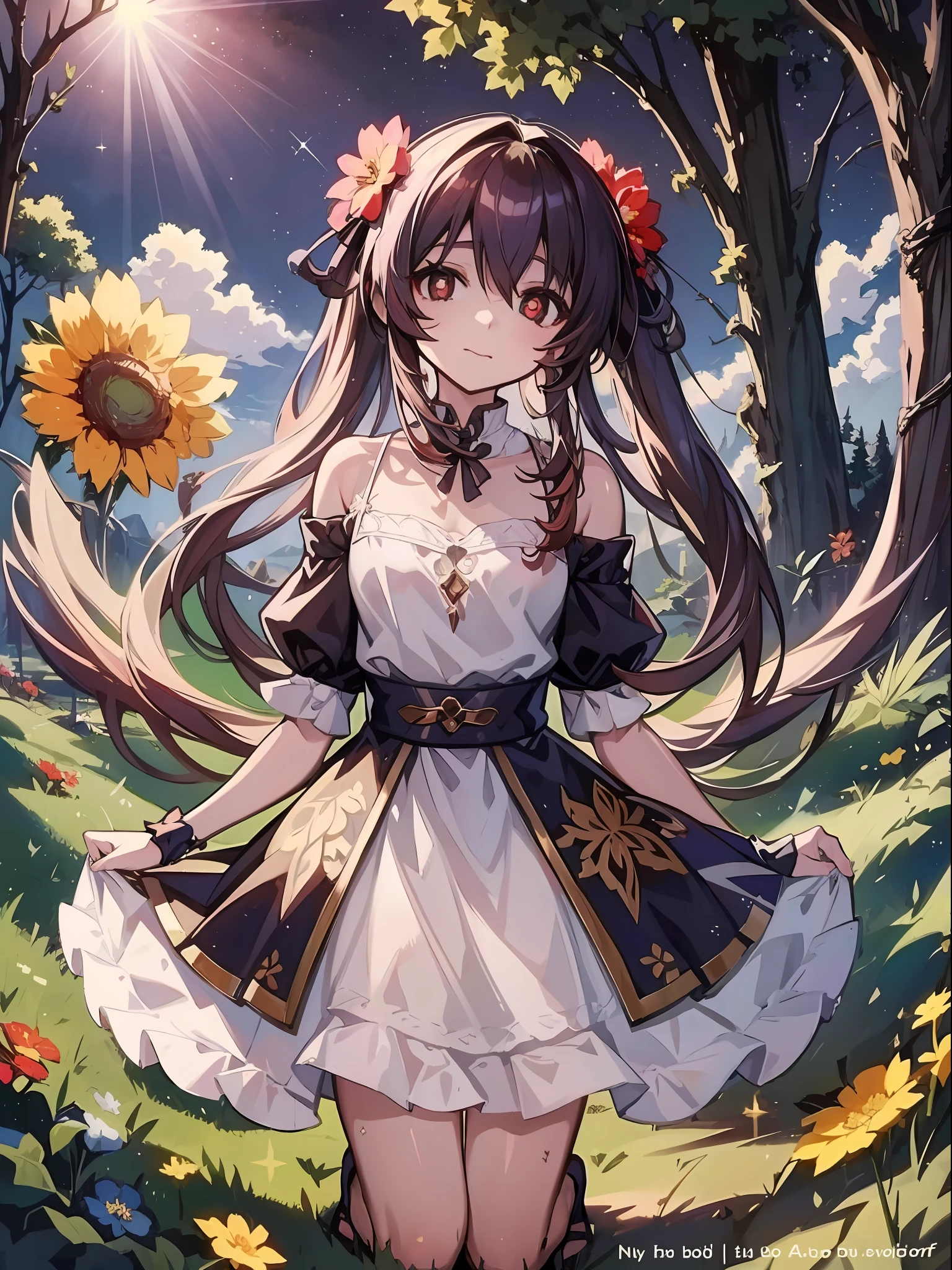 ((best qualtiy)), ((tmasterpiece)), ((ultra - detailed)), (illustratio), (Detailed light), (Extremely refined and beautiful), ((manicured)),
incredibly_absurderes,(Ray traching),
(signatures),(English text:1.5),(scenecy),(mont)),(clouds),(naturey)),(grassy),(Mist)),(The tree),(florals),(flod),((独奏:1.8)),(1girll:1.8),(A beautyful girl),((full body shot shot))),(+perfecthand+:1.21),((Best quality)), (((Masterpiece))), (A high resolution),Original, Extremely detailed 8k wallpaper, (Beautiful and delicate red eyes:1.1),Solo,Yandere,frenzied,((eyeshine, sparkle eyes)),Alice,offcial art,concept-art,rayonism,(Partial skin exposure:1.2),(Oily skin: 1.3),(Reflective skin:1.1),Beautiful detail tones,Lots of feathers,Axis,Good lighting,(kawaii:1.3),(signatures),(English text:1.5),((beautiful sky)),(scenecy),(mont)),(clouds),((naturey)),(grassy),(Mist)),(The tree),(florals),(flod)