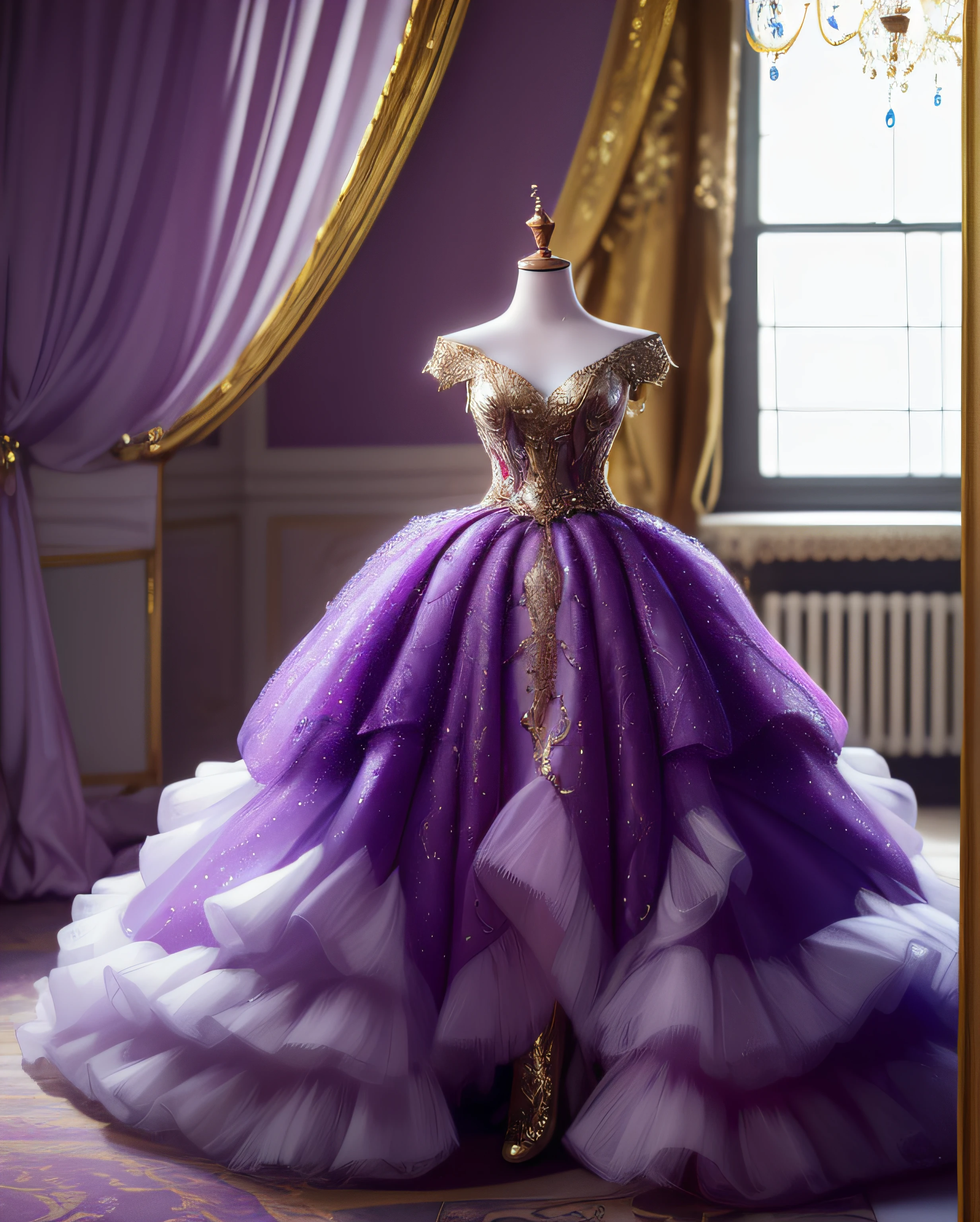a hyper realistic photograph of a girl standing wearing a majestic light beige and gold ball gown dress, big beautiful dress, intricate puffy ball gown with lots of ruffles and rhinestones (Best quality, masterpiece, ArtStation, Fantasy Art:1.2), a palace room, a beautiful cute girl, (long white hair:1.1), (intricate short gold skirt, bare legs:1.2, full body shot)