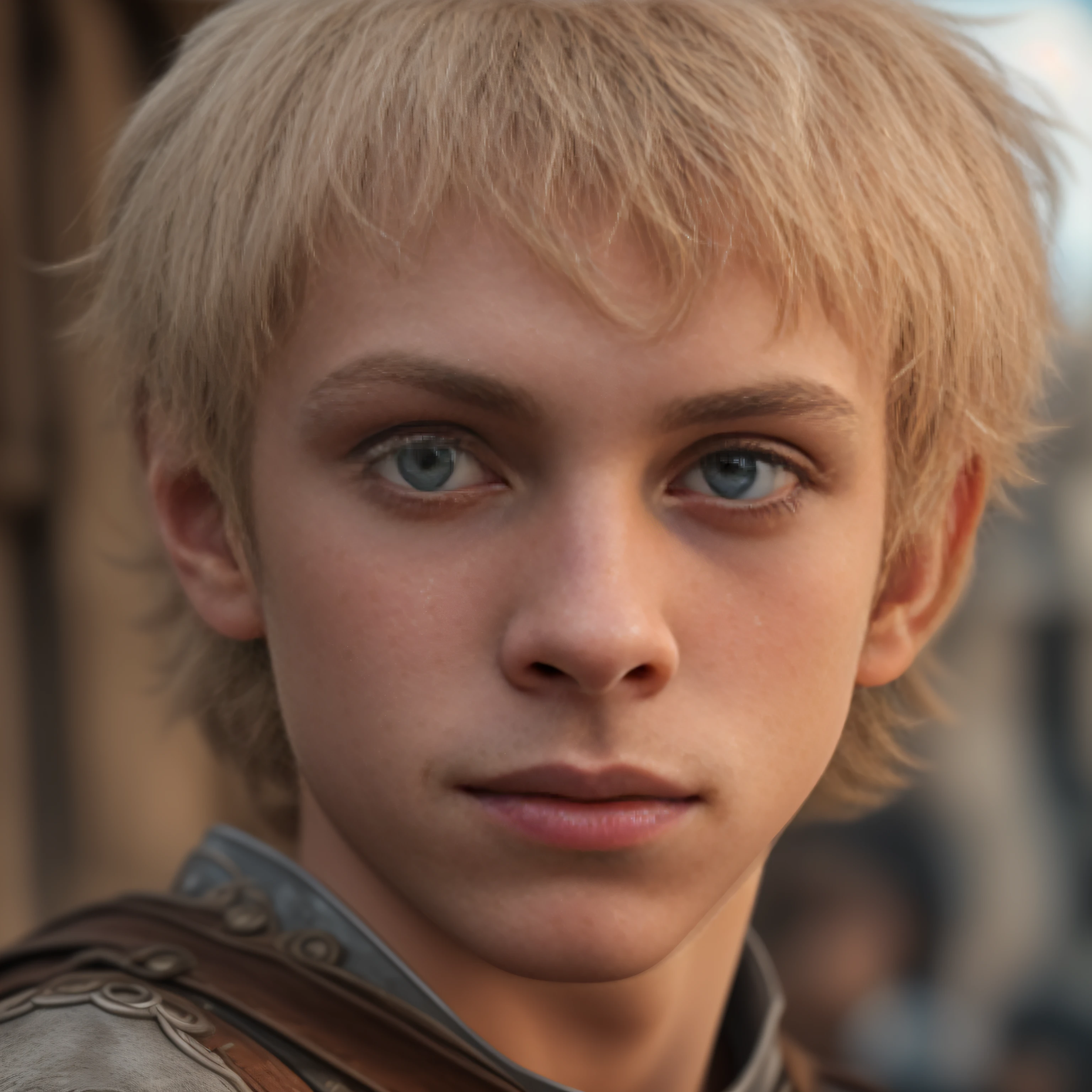 cinematic, photo, head and shoulder portrait photo, 1boyman, solo, 14 years old medieval fantasy boy acrobat, ashen blonde hair, eye-length, medieval fantasy acrobat nice clothes, weird, odd, soft features, slightly crazy, troublemaker, intelligent look, crazy smile, one rotten front tooth, in a big medieval city, Canon EOS 5D Mark IV, historical, fantasy, hyper detailed, accurate textures, realistic, skin pores