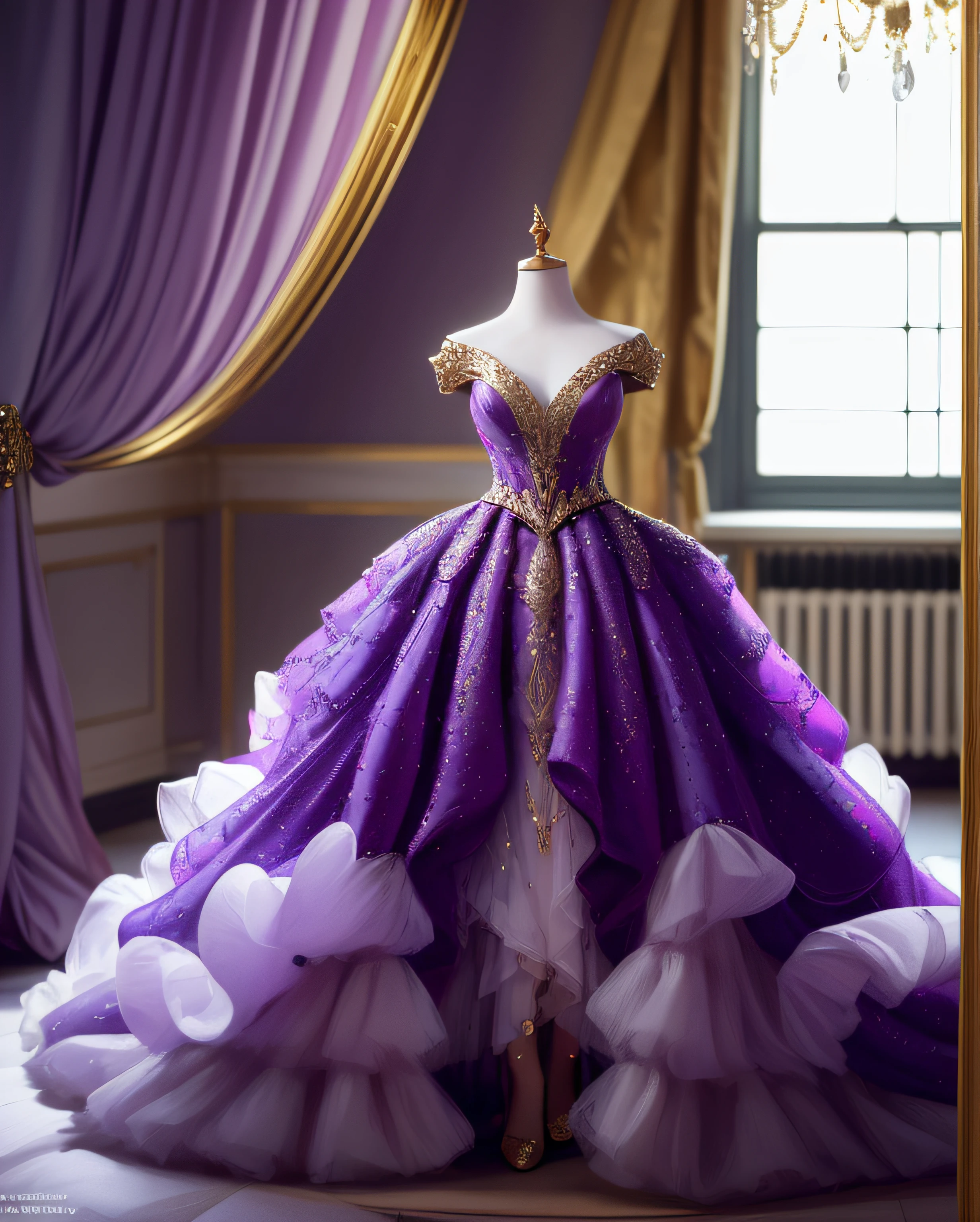 a hyper realistic photograph of a girl standing wearing a majestic light beige and gold ball gown dress, big beautiful dress, intricate puffy ball gown with lots of ruffles and rhinestones (Best quality, masterpiece, ArtStation, Fantasy Art:1.2), a palace room, a beautiful cute girl, (long white hair:1.1), (intricate short gold skirt, bare legs:1.2, full body shot)