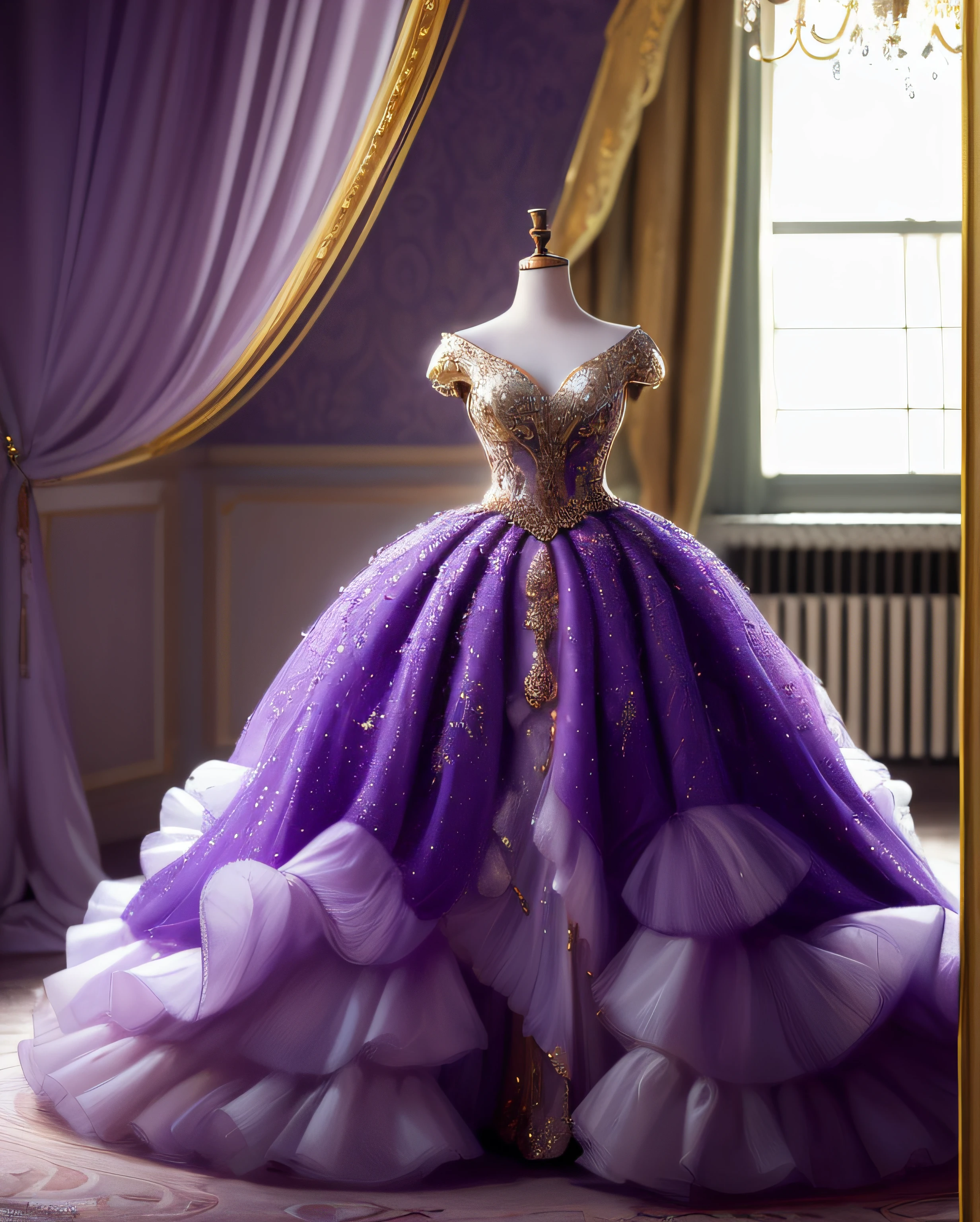 a hyper realistic photograph of a girl standing wearing a majestic light beige and gold ball gown dress, big beautiful dress, intricate puffy ball gown with lots of ruffles and rhinestones (Best quality, masterpiece, ArtStation, Fantasy Art:1.2), a palace room, a beautiful cute girl, (long white hair:1.1), (intricate short gold skirt, bare legs:1.2, full body shot)