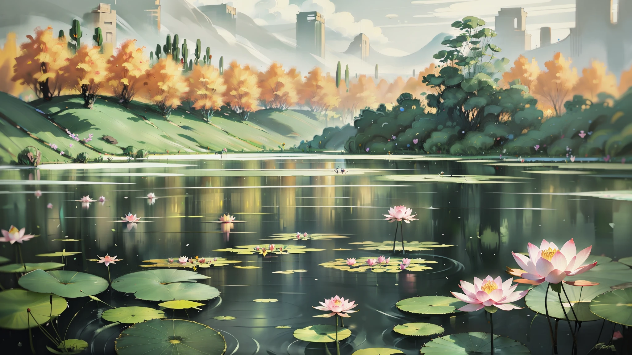 Quiet lotus pond,Monet style,high qulity,tmasterpiece,真实感,hyper-high detail,ultra - detailed,16k,panoramic lens,Flying flowers,Flying,HUD effects,Particle light effects