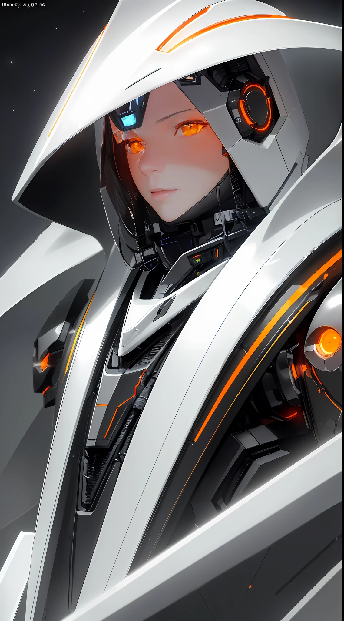 1 robot, organic, orange triangle glowing eyes, cyberhelmet, long hair, white plastic, diffuse lighting, fantasy, intricate, elegant, highly detailed, lifelike, photorealistic, smooth, sharp focus, art by John Collier and Albert Aublet and Krenz Cushart and Artem Demura, wires, tubes, dark room, dim light