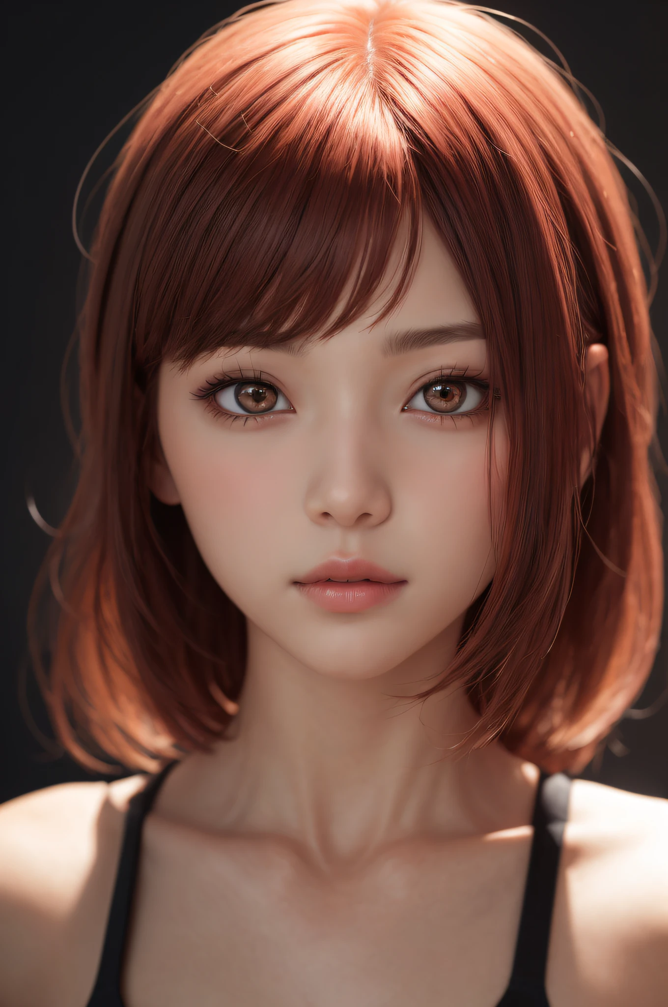 1girl, star eye, blush, perfect illumination, red hair, red eyes, unreal engine, sidelighting, detailed face, bangs, bright skin, simple background, dark background,