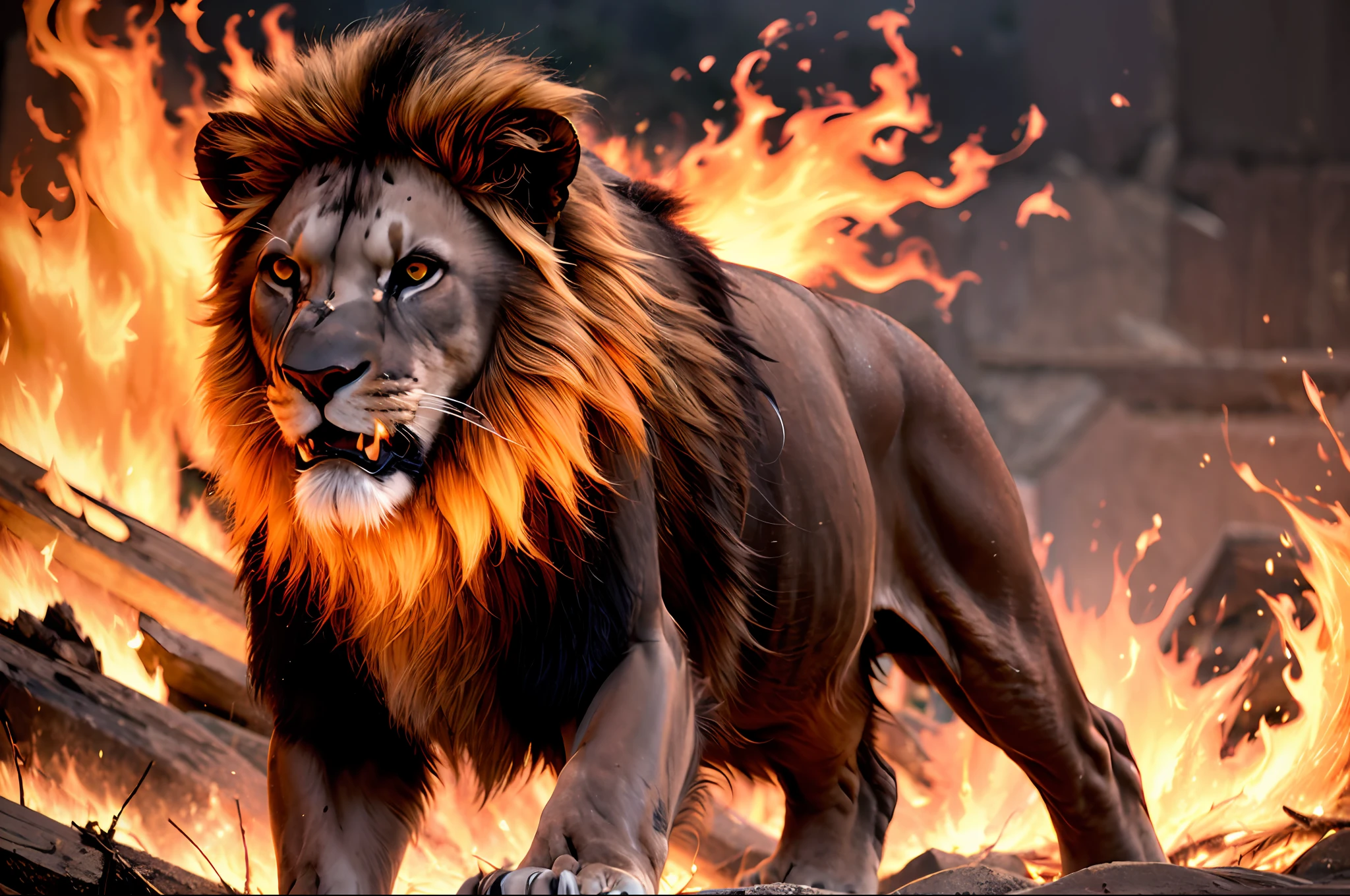 Dark background with roaring lion with mane composed of small flames of fire, (realista: 1.5),