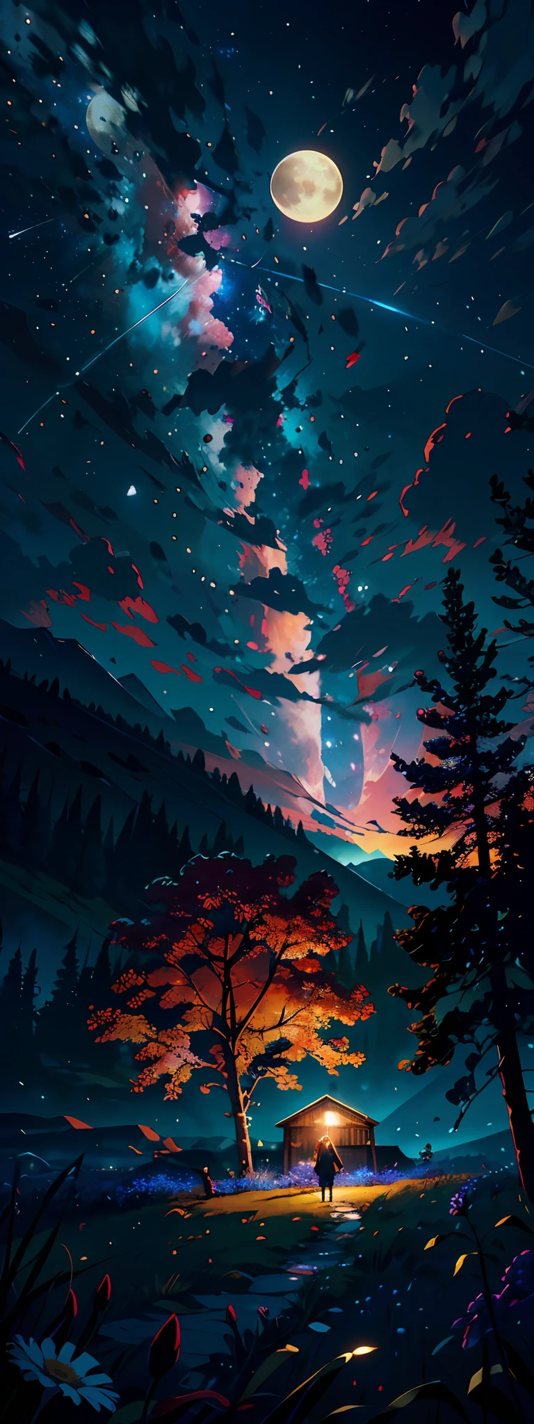 Expansive landscape photograph, (view from below with a view of the sky and the wilderness below), standing in a flower field looking up, (full moon: 1.2), (shooting star: 0.9), (nebula: 1.3), distant mountain, tree break production art, (warm light source: 1.2), (firefly: 1.2), lamp, purple and orange, intricate detail, volume lighting BREAK (masterpiece: 1.2), (highest quality ), 4k, ultra-detailed, (dynamic configuration: 1.4), highly detailed and colorful details (iridescent: 1.2), (sparkling lighting, atmospheric lighting), dreamy, magical, (solo: 1.2)
