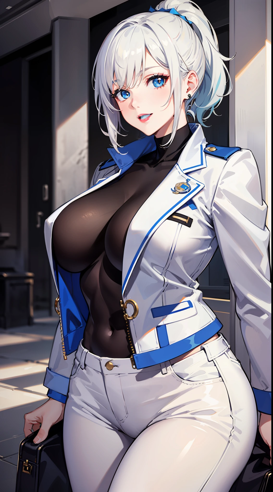 Adult woman, short white hair, high ponytail, blue eye color, White luxury jacket, pants, open breasts, blue lipstick, ssmile, Masterpiece, hiquality