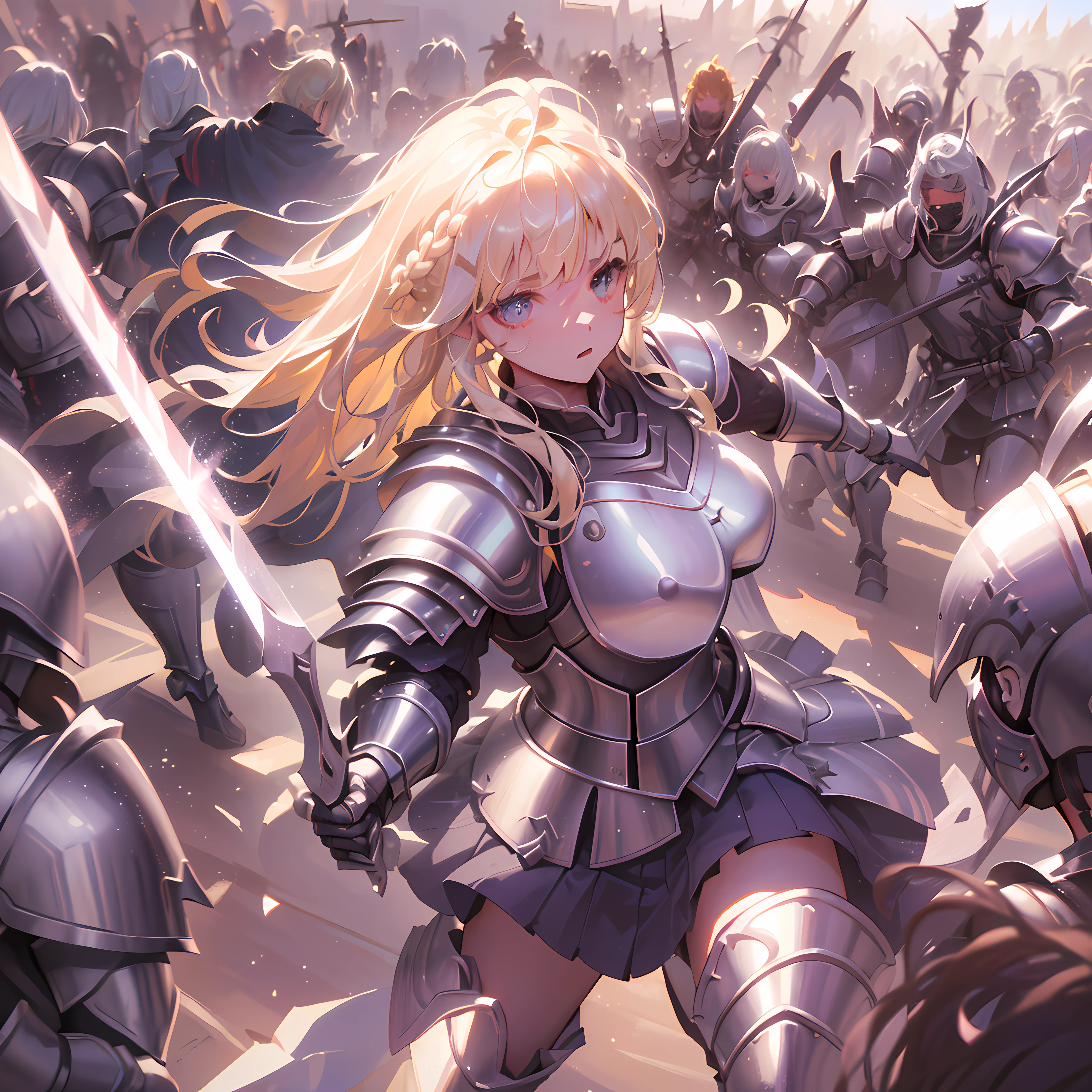 solo focus, (masterpiece), best quality, ultra-detailed, illustration, fantasy, (wide_shot:1.2), , (letterboxed), dutch angle, (((1 female warrior fighter, (ahoge, long, french braid blonde hair) (sliver armor) (sliver-white leg armor)  (holding blooding sword, fighting with enemies, surrounded by  armor enemies )))), , (a group of armor soldier running in background:1.3), light_particles, caustics, dynamic pose, HDR, (volumetric lighting), (sharp focus:1.1), (particleA:0.8), (in the style of dispersion)