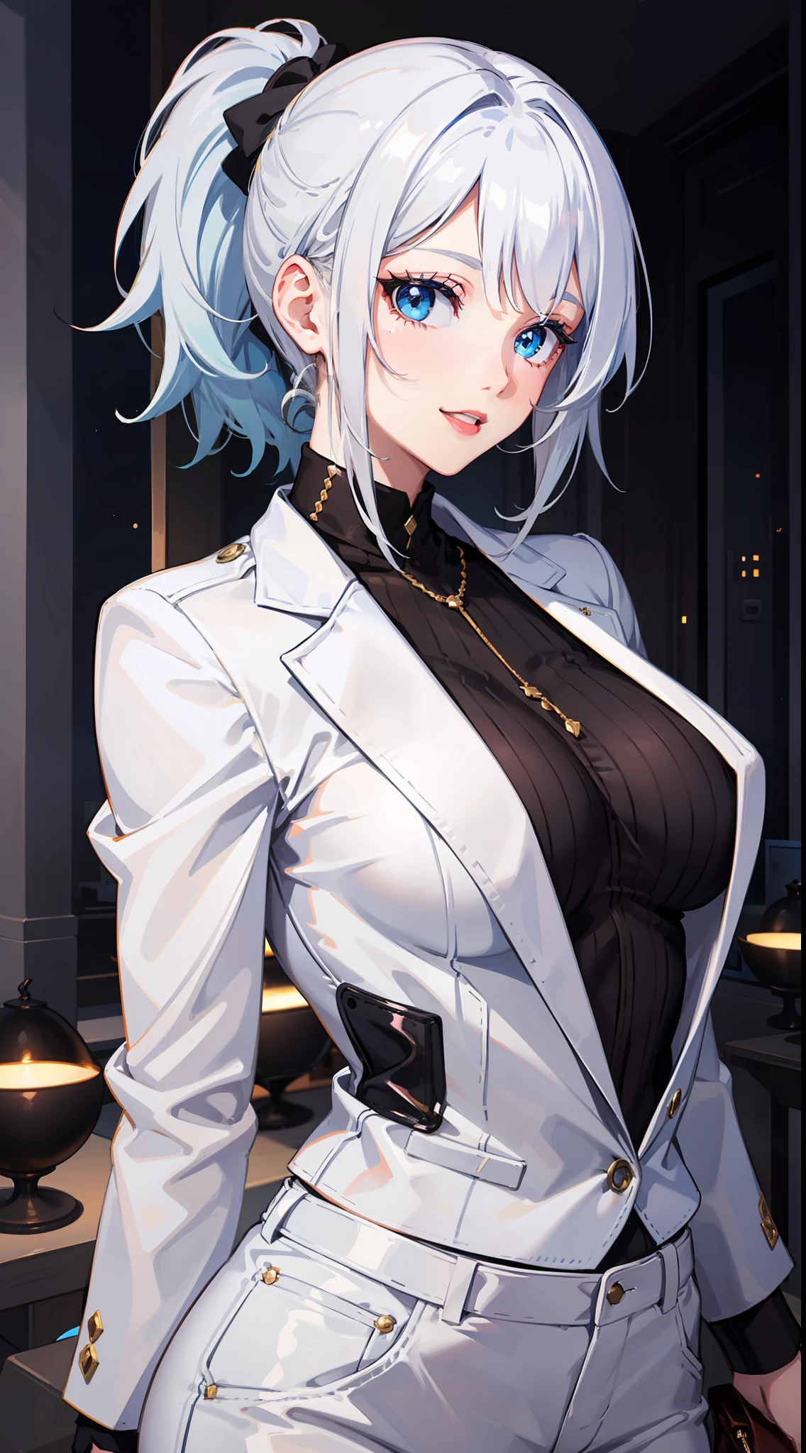 Adult woman, short white hair, high ponytail, blue eye color, White luxury jacket, pants, open breasts, blue lipstick, ssmile, Masterpiece, hiquality