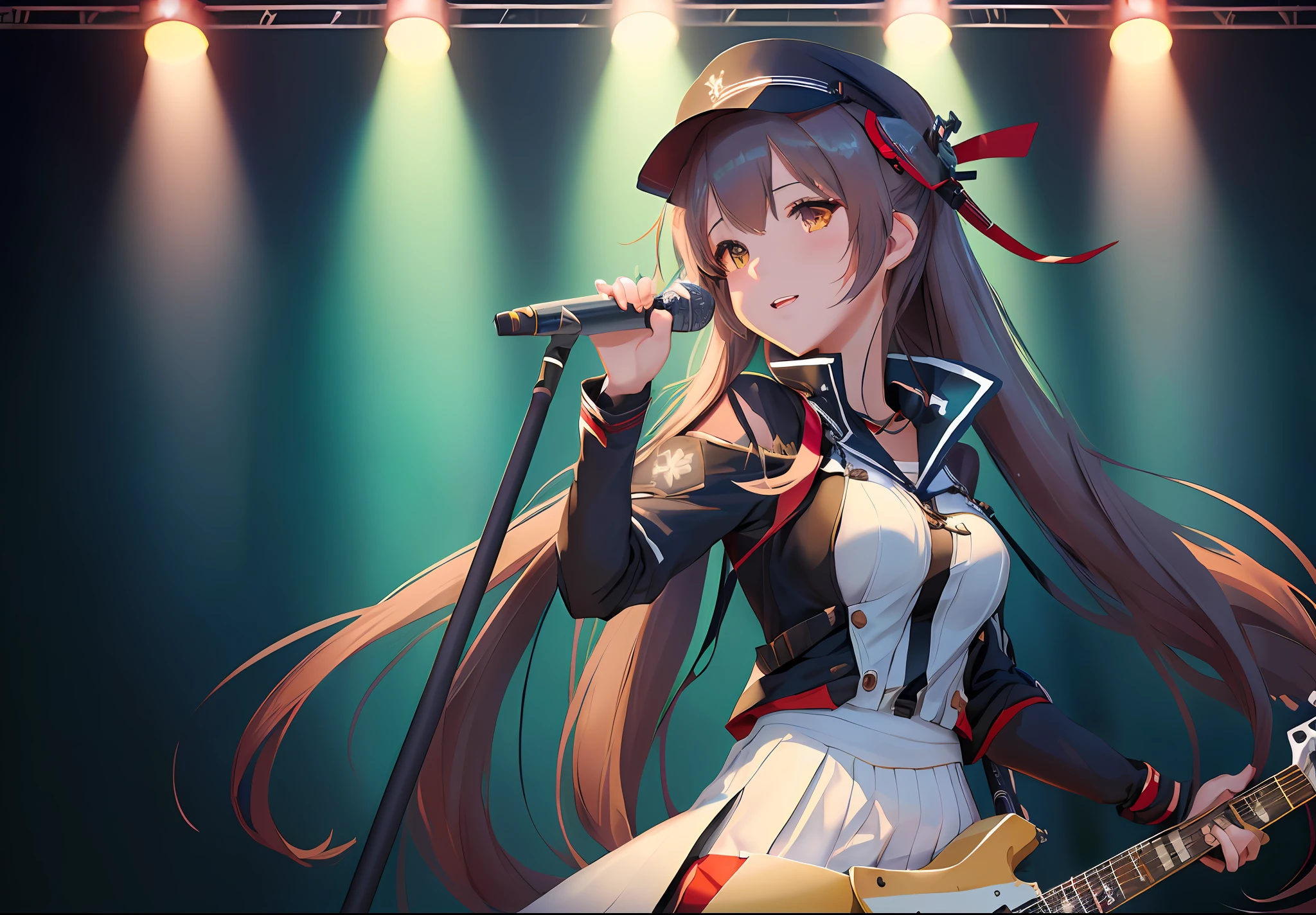 anime girl with a guitar and a microphone in her hands, Kantai collection style, konpeki no kantai, kantai collection arcade, kancolle, azur lane style, from girls frontline, A scene from the《azur lane》videogame, with index finger, Official artwork, Anime moe art style, girls frontline style, (Anime girl), cushart kenz