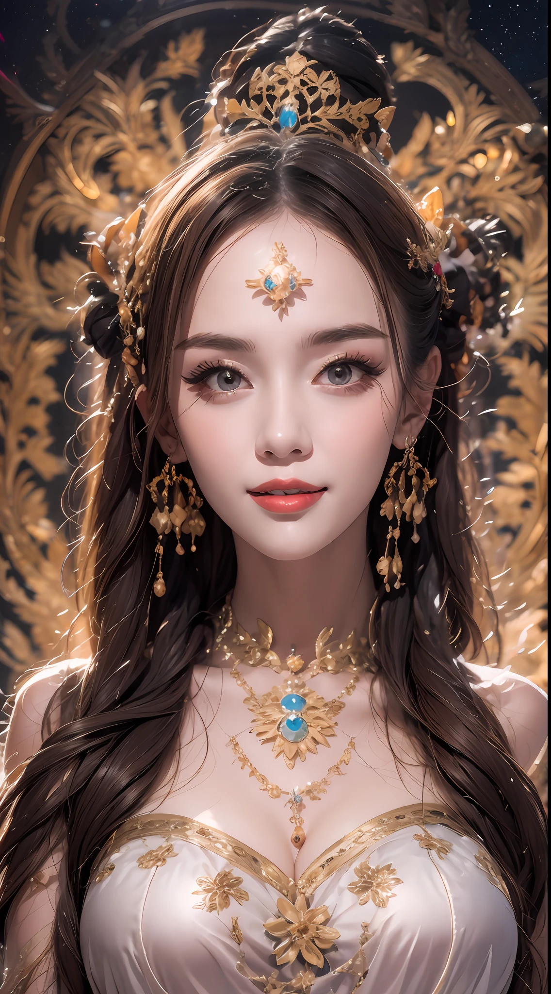 Portrait of a 27-year-old saint,Charming adult saint in a long dress made of thin silk, beautiful saint with an old face, adult, wearing a thin multicolored silk dress, beautiful face without blemishes, (((Natural smile:1.3))), ((flat bangs:0.5)), (((platinum long hair:0.5))), big crown, hair brooch, hanfu dress, chinese ancient style, full body jewelry, forehead tattoo, super even chest, face, innocent face, The most beautiful and detailed light red lipstick, ((Thin plump lips:0.3)), ((Golden Eyes color:0.6)), beautiful hands:(((0.5))), ((hand full of 5 fingers:0.8)), Detailed and delicate lighting effects, light and dark, dramatic lighting, magical light, extremely detailed light, true color, super sharp, realistic, 8k quality, fantasy universe background, saints and magical space, the most detailed images, ((Solo:0.3)), ((a saintess:0.6)), ((looking directly at the saint's upper body:0.4)), ((smooth skin:0.5)), ((the holy woman's veil:0.6)), ((solo:0.5)), ((alone girl:0.4)),