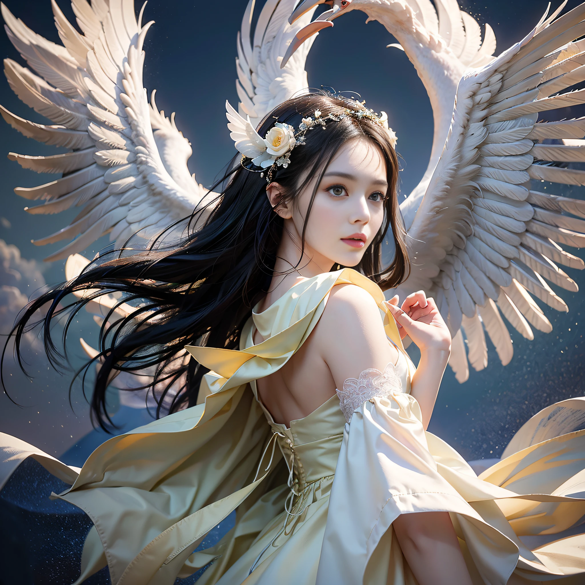 (8K, RAW photo, Best quality, Masterpiece:1.2), (Realistic, photo-realistic:1.37), Ultra-detailed,(detailed beautiful girl:1.4),1female，（White robe），A flowing white robe，A beautiful woman with grace，Ride a majestic phoenix，Soar through the clouds。The wind gently lifted her robe，As they gracefully navigate through the ethereal cloudscape，The feeling of flight is highlighted。