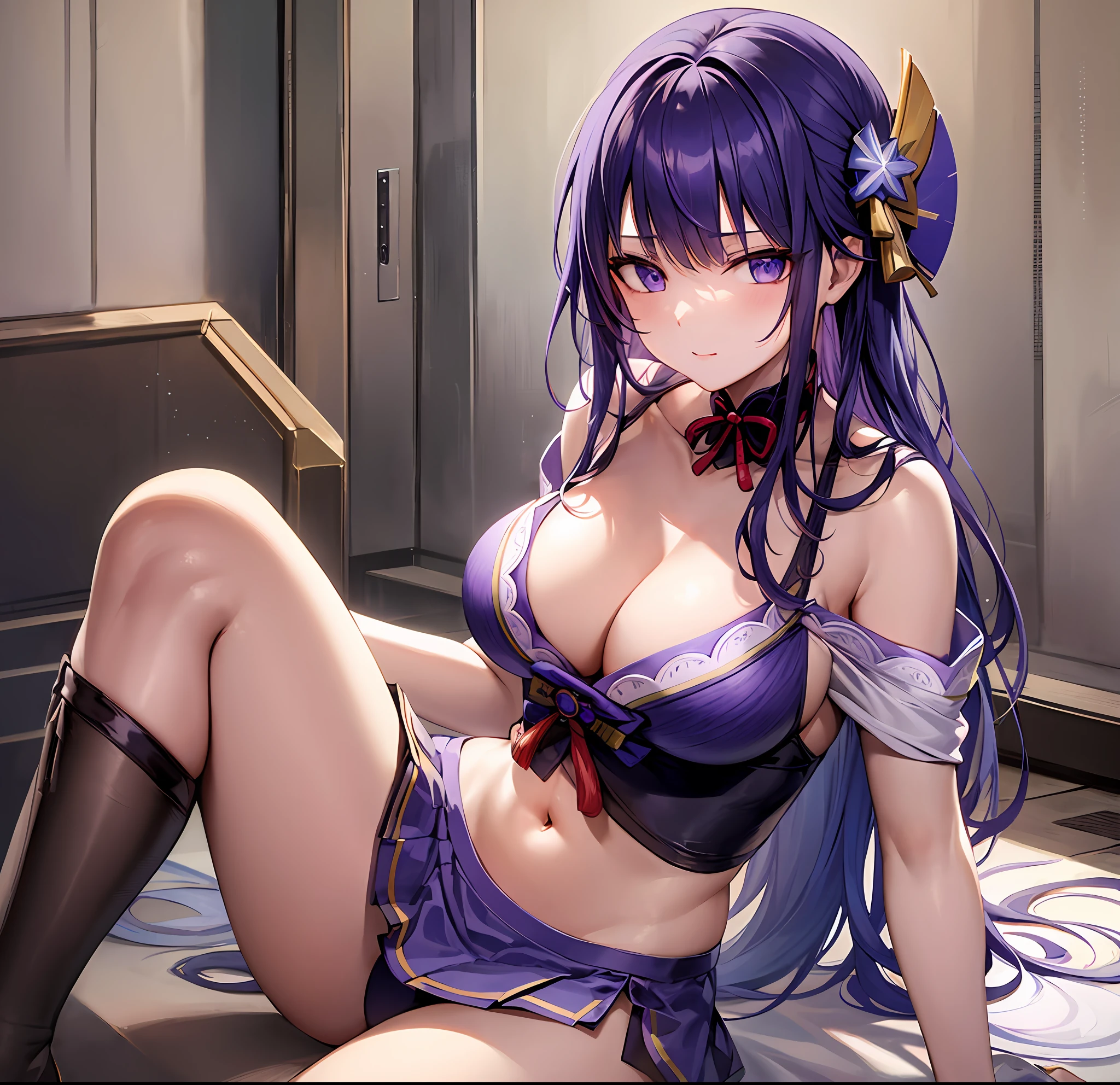 1Raiden shogun, large breasts, underwear, in, cleavage, navel, t-shirts, (brachial), skirt, lie, Body, sexy, sitting
