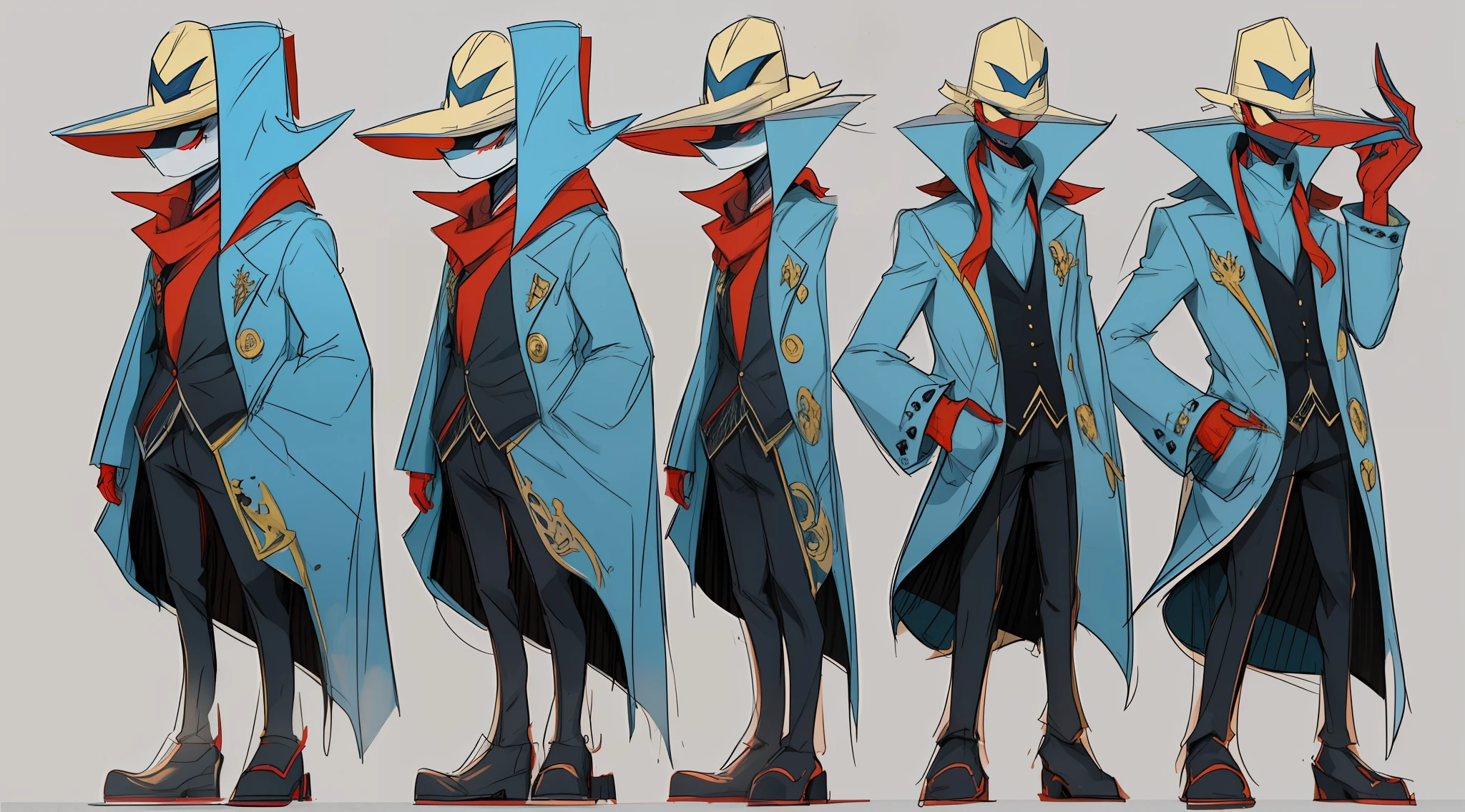 A guy who has no face, no eyes or nose, but has a mouth full of sharp teeth, he wears a blue overcoat, yellow fedora and a red scarf around his neck. Helluva boss Style, Hazbin hotel Style, his skin is flourescent blue. drawing references hazbin hotel style males hand drawing sketchs assigned Hellmitor