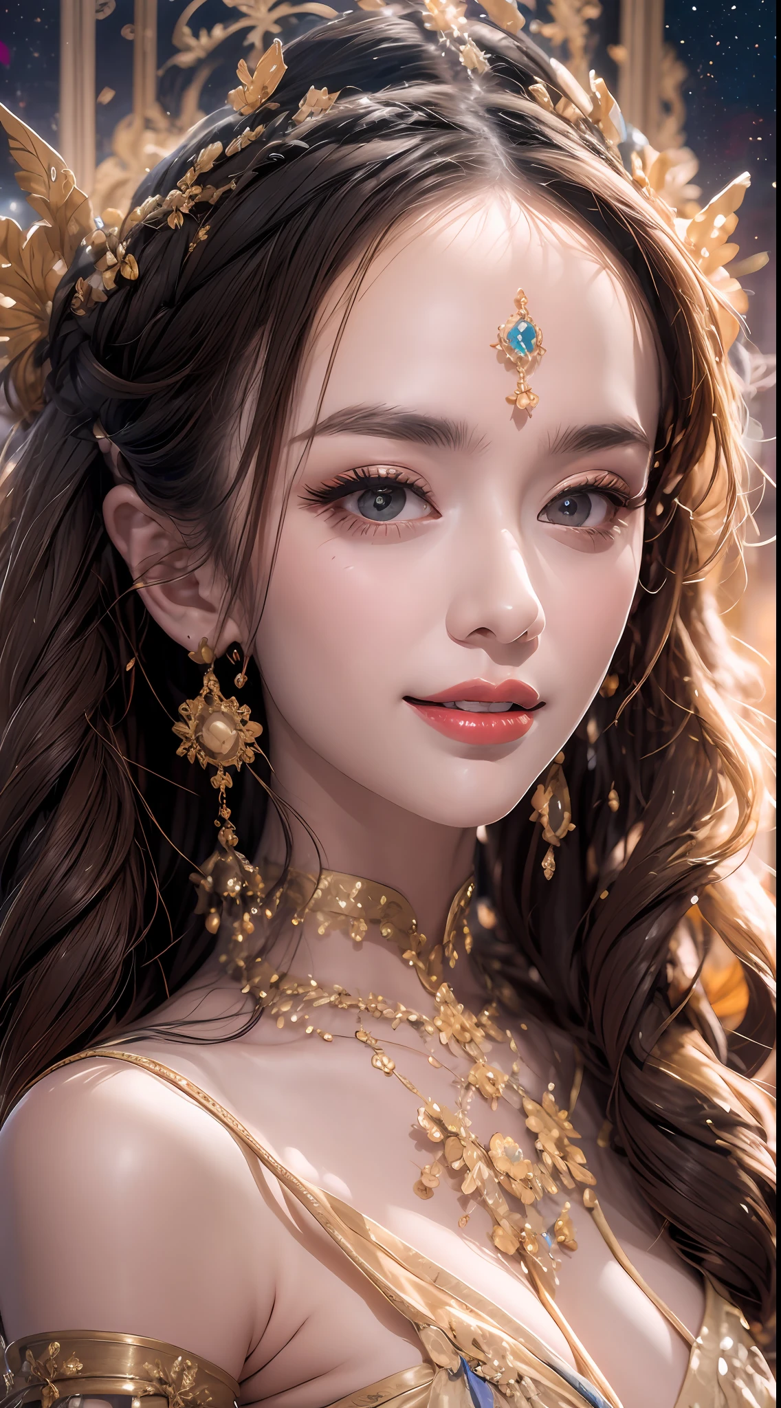 Portrait of a 27-year-old saint,Charming adult saint in a long dress made of thin silk, beautiful saint with an old face, adult, wearing a thin multicolored silk dress, beautiful face without blemishes, (((Natural smile:1.3))), ((flat bangs:0.5)), (((platinum long hair:0.5))), big crown, hair brooch, hanfu dress, chinese ancient style, full body jewelry, forehead tattoo, super even chest, face, innocent face, The most beautiful and detailed light red lipstick, ((Thin plump lips:0.3)), ((Golden Eyes color:0.6)), beautiful hands:(((0.5))), ((hand full of 5 fingers:0.8)), Detailed and delicate lighting effects, light and dark, dramatic lighting, magical light, extremely detailed light, true color, super sharp, realistic, 8k quality, fantasy universe background, saints and magical space, the most detailed images, ((Solo:0.3)), ((a saintess:0.6)), ((looking directly at the saint's upper body:0.4)), ((smooth skin:0.5)), ((the holy woman's veil:0.6)), ((solo:0.5)), ((alone girl:0.4)),