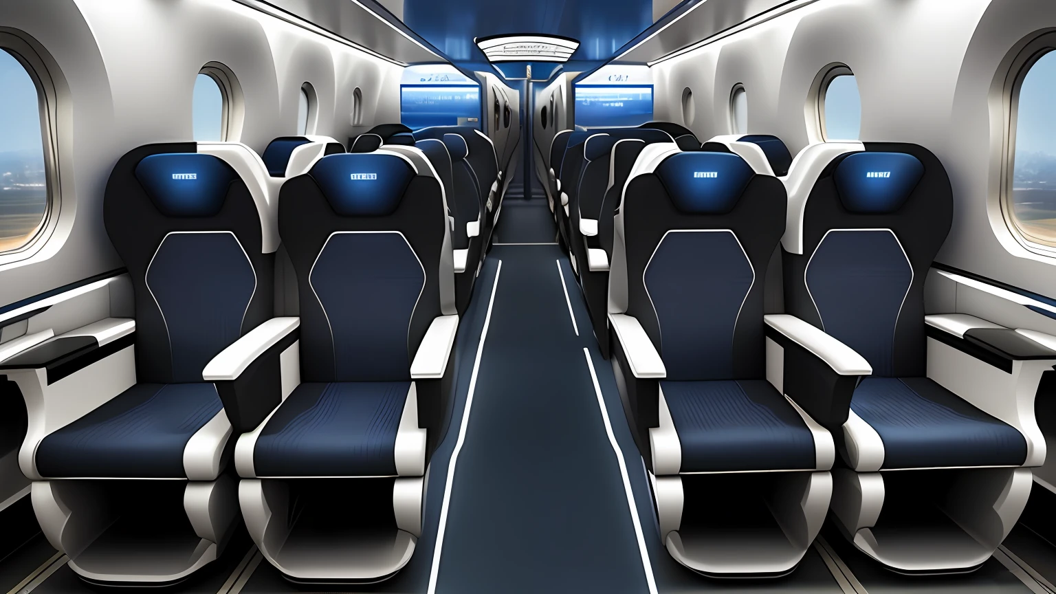 Very high-speed trains and passengers，High speed train rendering design，Detailed aircraft cabin，Glowing blue interior parts，The interior of the train shows a sense of premium，Works by Wayne England，Works by Robert Medley，Interior background thumbnail by Derek Zabroki，Interior design by Robert Jacobson。