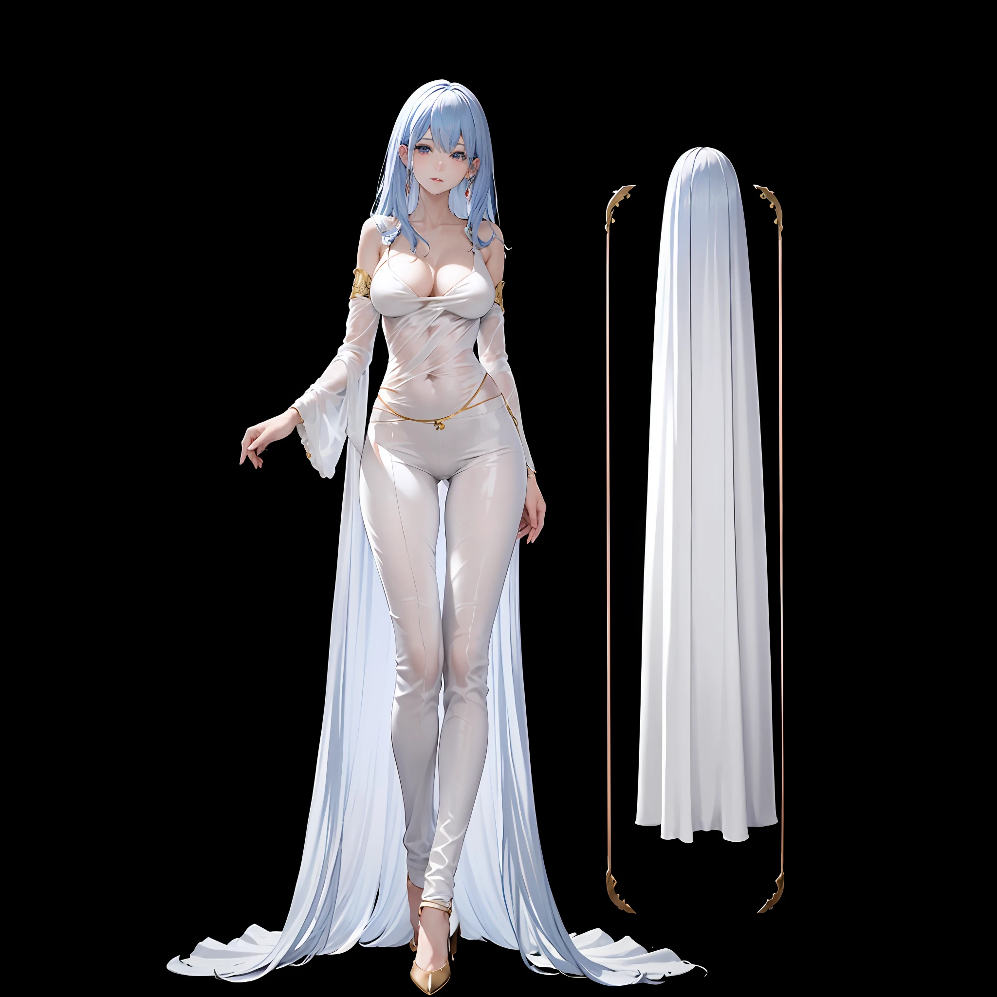 tmasterpiece，A beautiful goddess of the void，Gorgeous clothes with gold patterns，Full-body white transparent bikini standing under the stars of the empty night，Disappearing transparent pants，Full-body standing，Tall，Slender legs，detail in face，Detailed body part details，8k wallpaper，Front view, rear view, left view, right view, four angles show the character