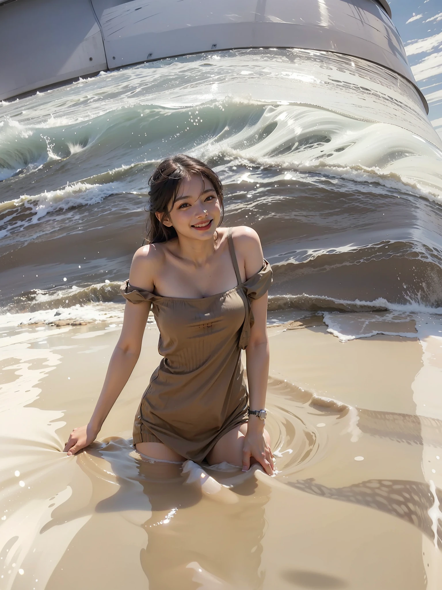 best quality, masterpiece, ultra high res, photorealistic, 1girl, offshoulder, smile