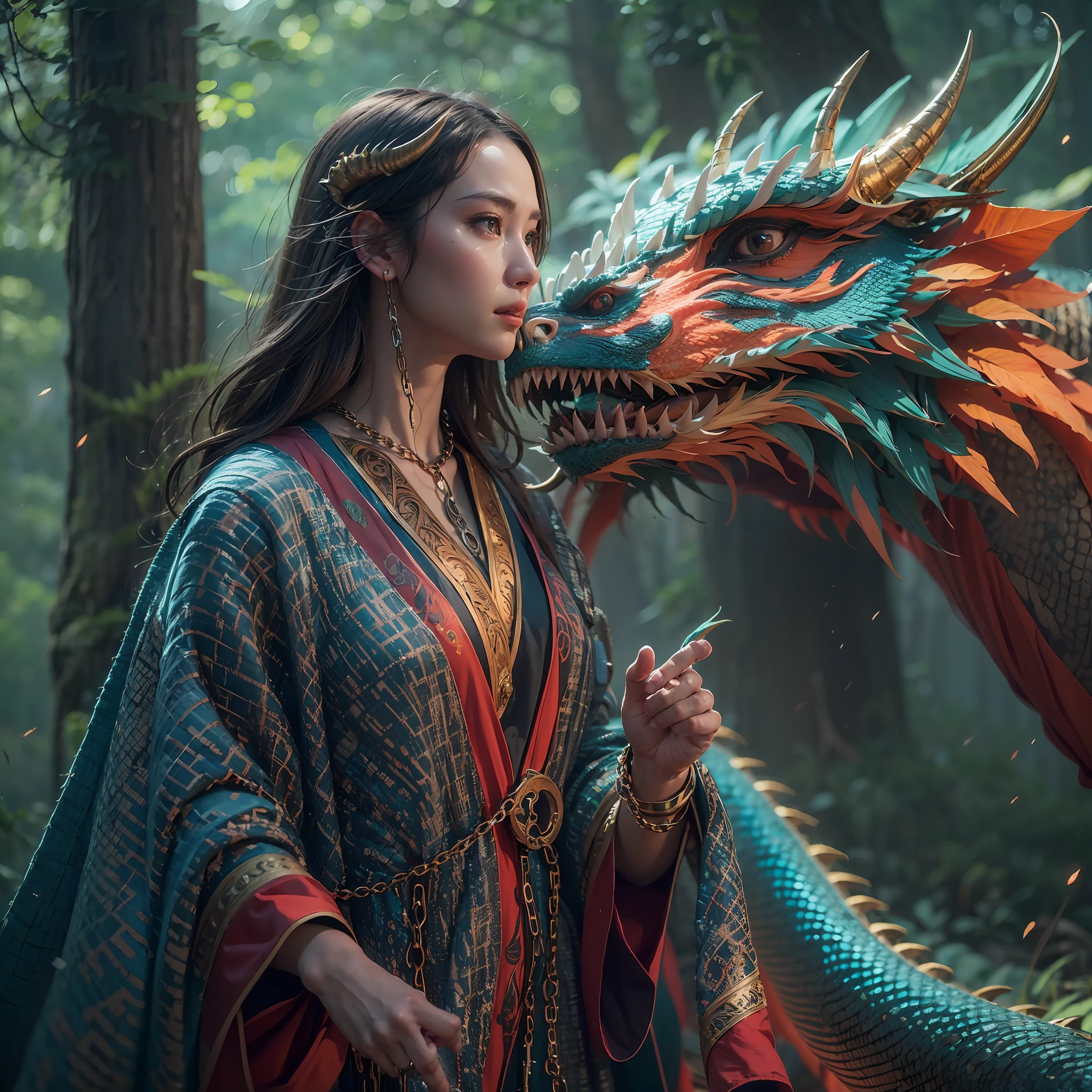 A beautiful girl with a rainbow dragon, ((girl wearing a long robe)), (wearing chain mail: 1.4), (long cloth pants: 1.2), (chain mail with dragon scale patterns), perfect facial features, delicate face, long hair, graceful, wisdom, courage, rainbow dragon, scales, horns, flames, wings, dragon claws, dragon protecting the girl, background for ancient forest, mysterious connection, protection, trust, realistic quality, realism, 8k, best quality, masterpiece, cinematic quality, high chiaroscuro, octane rendering